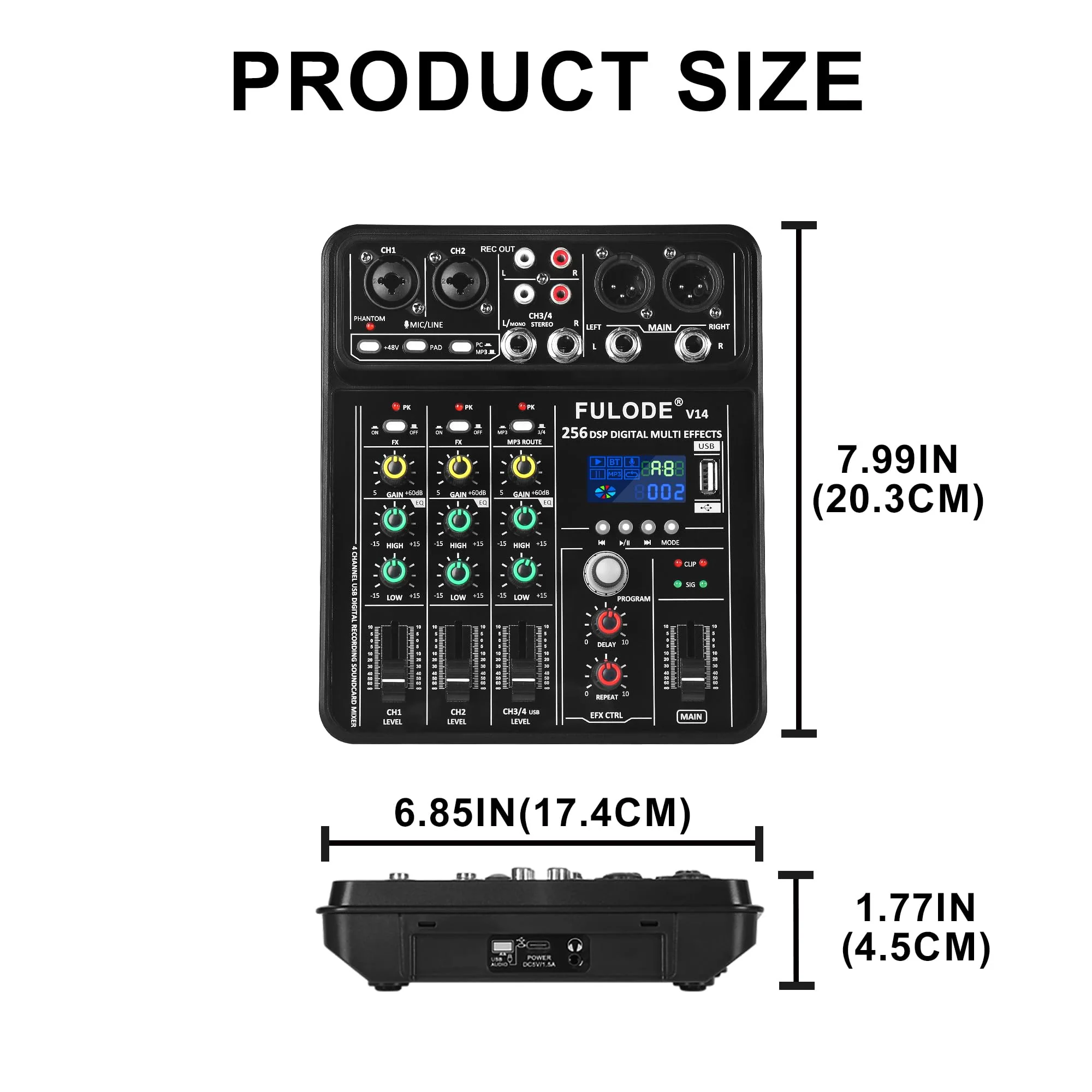 4 Channel Mixer DJ Audio Mixing Console with 256DSP, Small Music Sound Mixer Board Supports USB Bluetooth MP3 Computer Input, 48V Phantom Power & PAD Function for Recording Studio Streaming V14 - Image 9