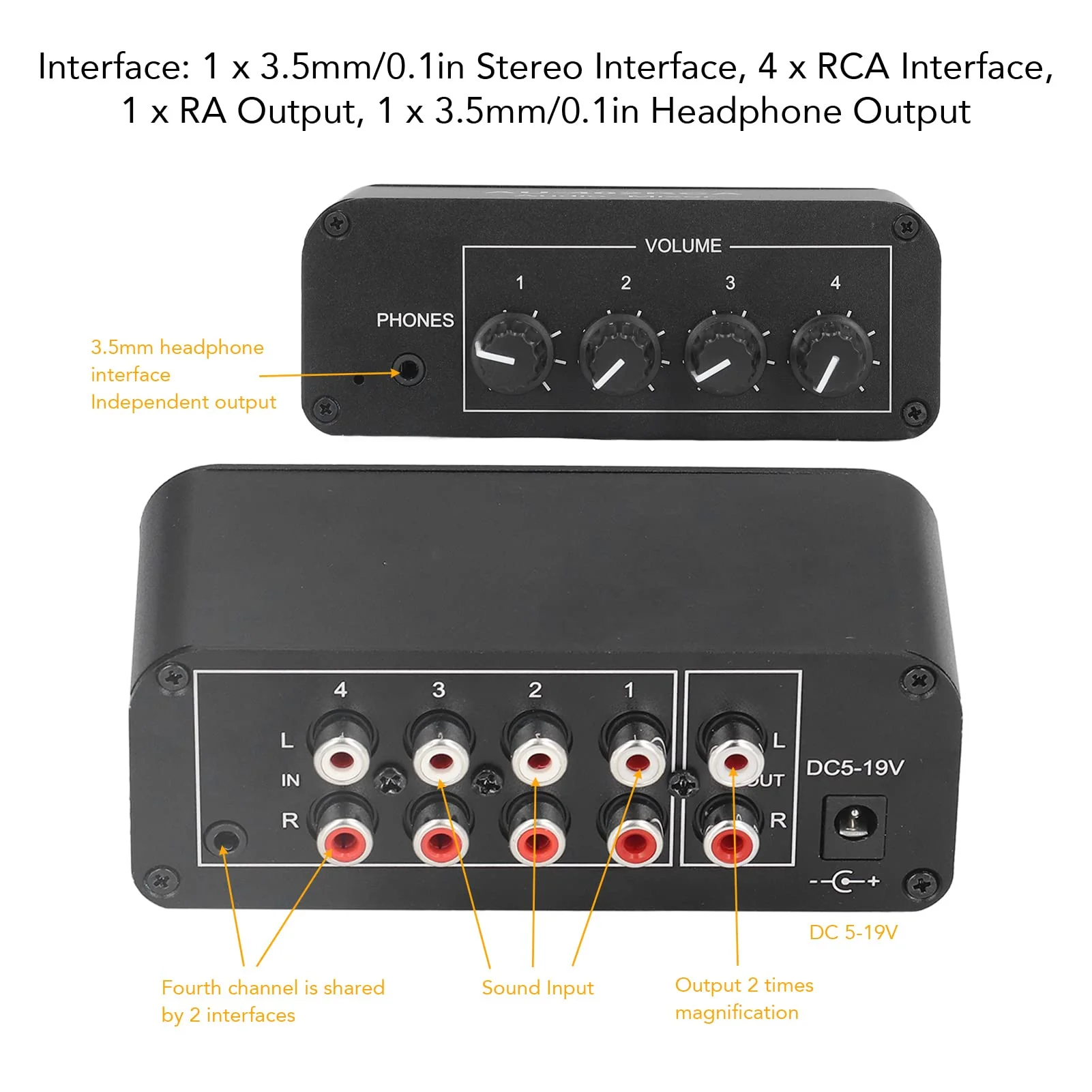 4 Channel Stereo Sound Mixer, Stereo Channel Mini Audio Mixer with Ultra Low Noise, Input and Output, Separate Volume Controls for Headphones - Image 2