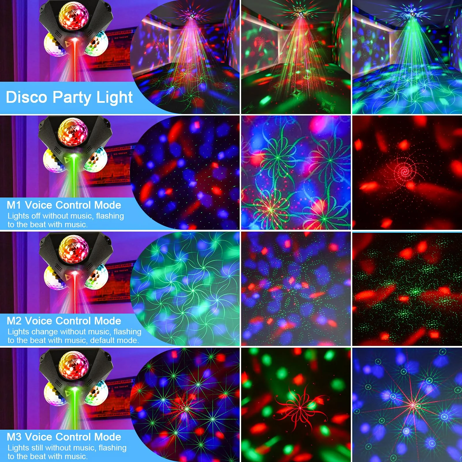 4 in-1 Disco Party Lights - RGB 3 Magic DJ Disco Ball, LED Sound Activated Laser Lights Projector with Remote for Home, Dance, Karaoke, Parties, Wedding, Birthday, Halloween, Christmas, Club Decor - Image 3