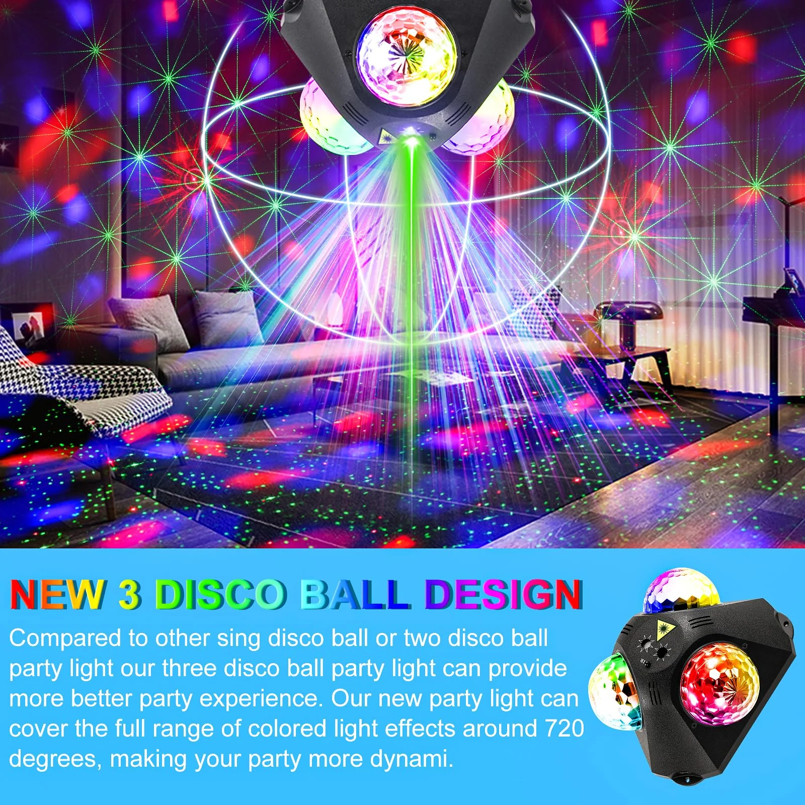 4 in-1 Disco Party Lights - RGB 3 Magic DJ Disco Ball, LED Sound Activated Laser Lights Projector with Remote for Home, Dance, Karaoke, Parties, Wedding, Birthday, Halloween, Christmas, Club Decor - Image 4