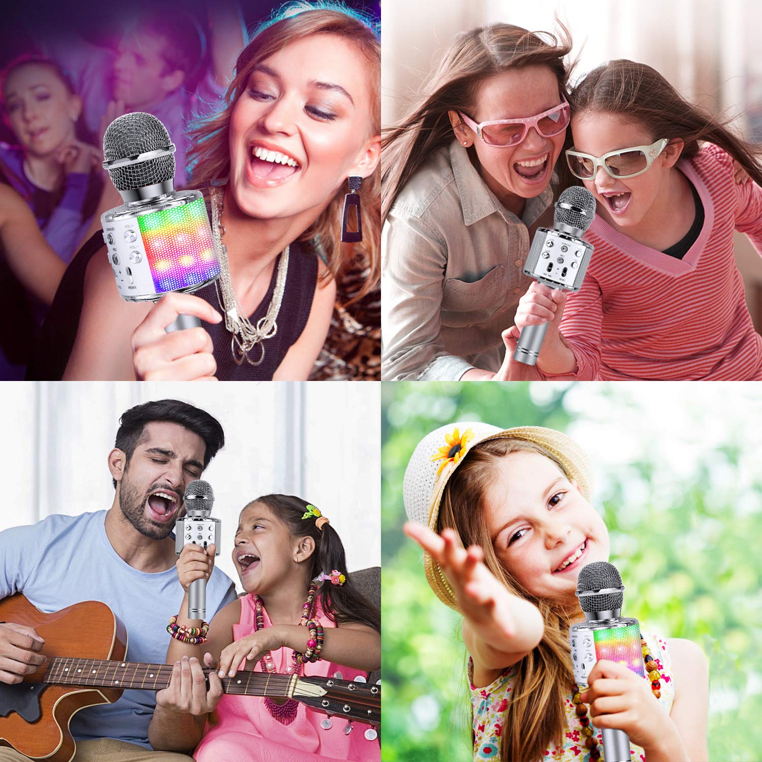 4 in 1 Karaoke Wireless Microphone with LED Lights, Portable Microphone for Kids, Great Gifts Toys for Kids, Girls, Boys and Adults (Silver) Silver - Image 2