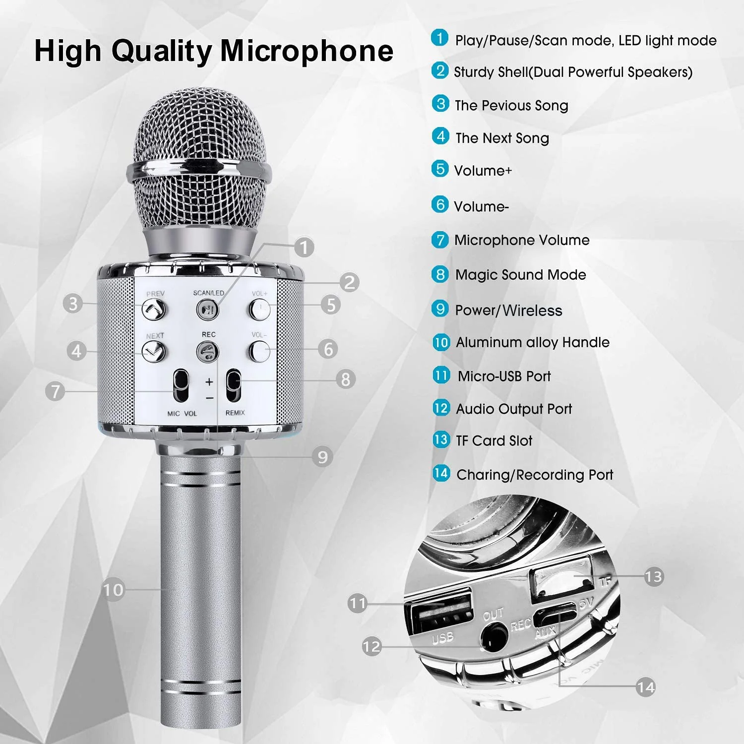 4 in 1 Karaoke Wireless Microphone with LED Lights, Portable Microphone for Kids, Great Gifts Toys for Kids, Girls, Boys and Adults (Silver) Silver - Image 3