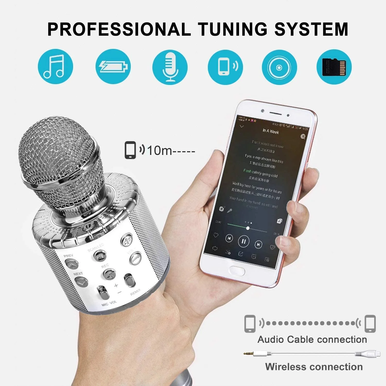 4 in 1 Karaoke Wireless Microphone with LED Lights, Portable Microphone for Kids, Great Gifts Toys for Kids, Girls, Boys and Adults (Silver) Silver - Image 4