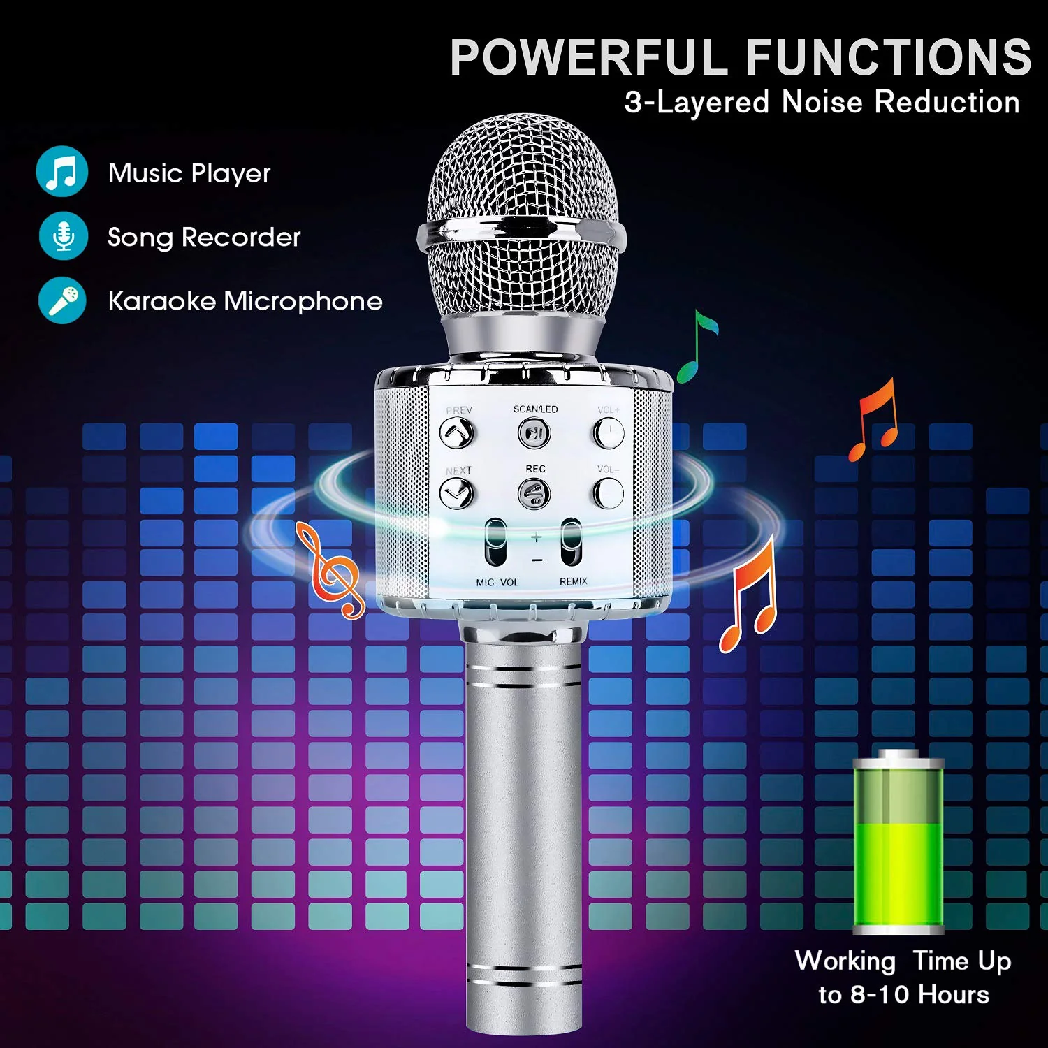 4 in 1 Karaoke Wireless Microphone with LED Lights, Portable Microphone for Kids, Great Gifts Toys for Kids, Girls, Boys and Adults (Silver) Silver - Image 5