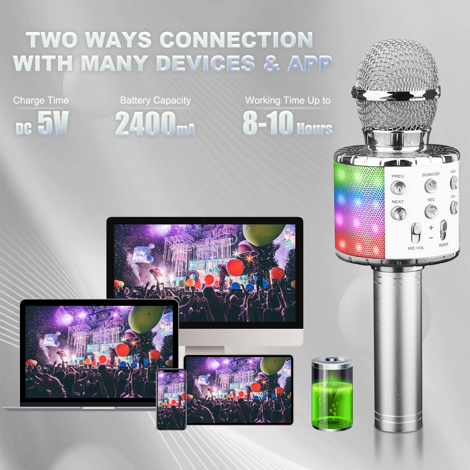4 in 1 Karaoke Wireless Microphone with LED Lights, Portable Microphone for Kids, Great Gifts Toys for Kids, Girls, Boys and Adults (Silver) Silver - Image 6