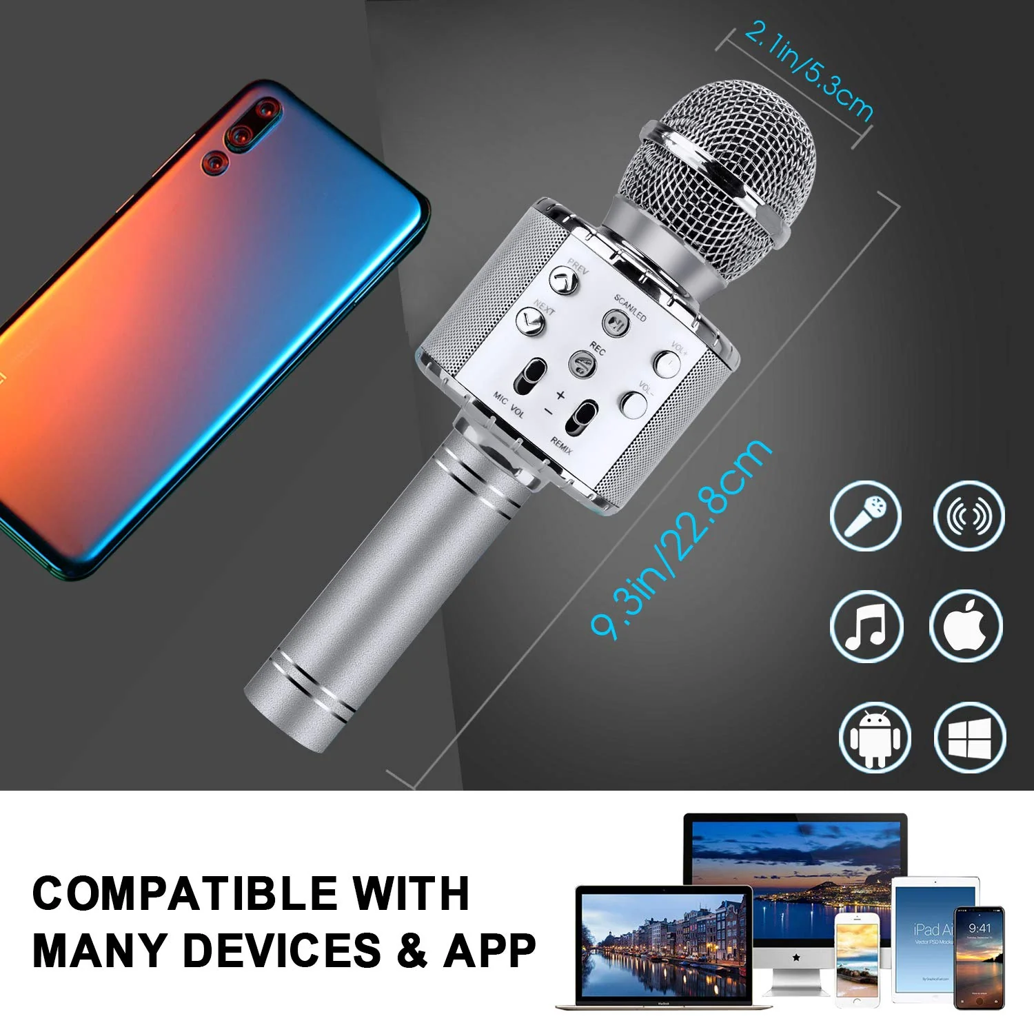 4 in 1 Karaoke Wireless Microphone with LED Lights, Portable Microphone for Kids, Great Gifts Toys for Kids, Girls, Boys and Adults (Silver) Silver - Image 7