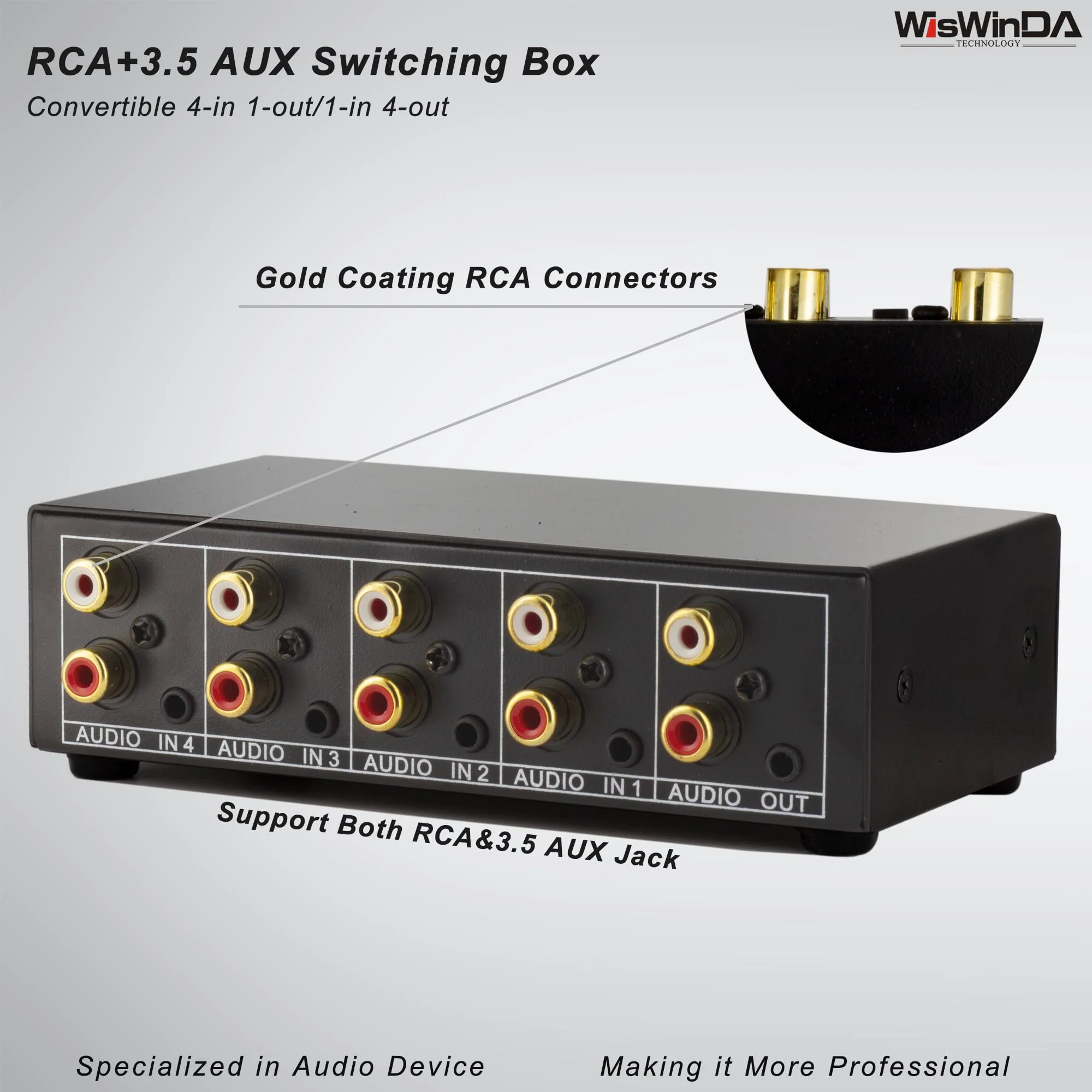 4-in 1-Out RCA 3.5mm AuxAudio Switch Box Audio Converter 4 Channels 1-in 4-Out Passive Audio Selector Switcher Box Connectors (RCA+AUX 4IN-1OUT/1IN-4OUT) RCA+AUX 4IN-1OUT/1IN-4OUT - Image 3