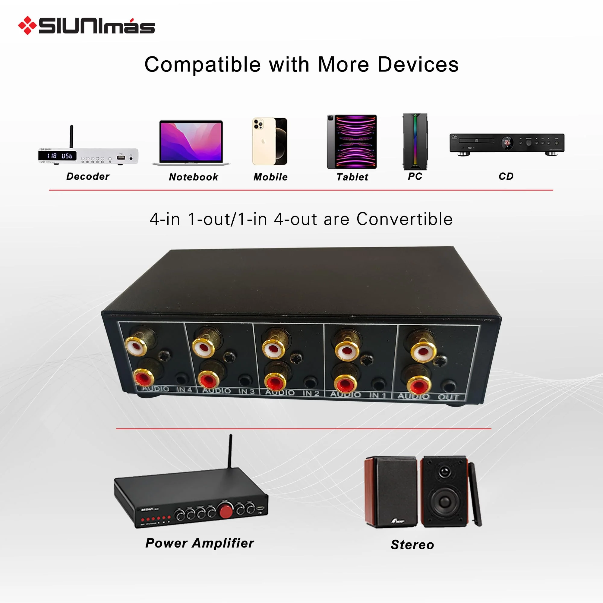 4-in 1-Out RCA and 3.5mm Aux Audio Receiver Switching Box 4 Channels Audio Converter Passive Audio Selector Switch Box 1-in 4-Out (S401-RCA AUX) S401-RCA AUX - Image 7