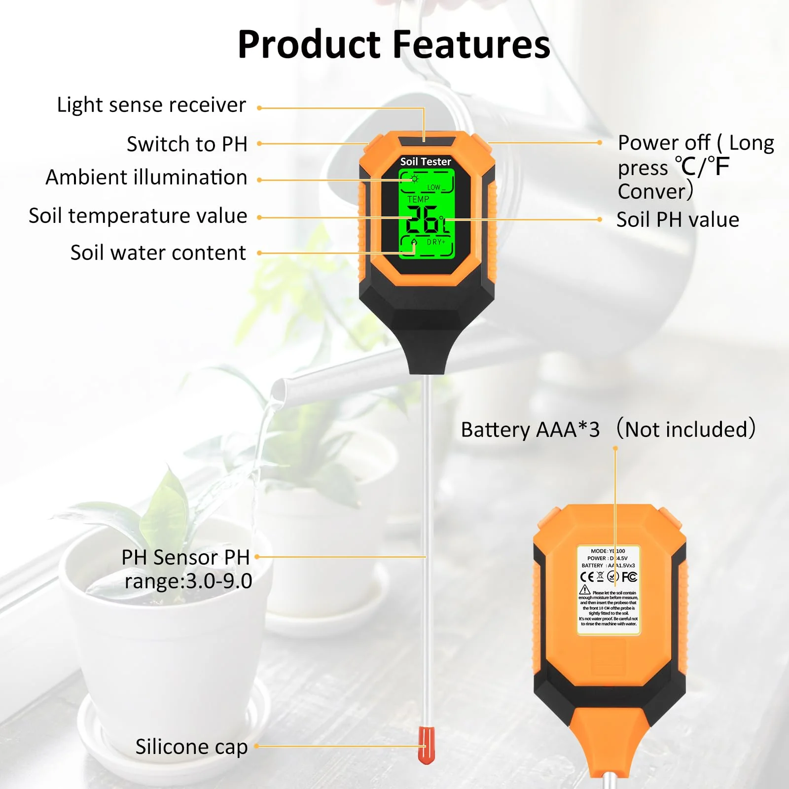 4-in-1 Soil Moisture Meter Digital PH Meter/Soil Moisture/Plant Temperature/Sunlight Intensity, Backlight LCD Display, Soil Test Meter for Garden, Lawn, Plant Care, Farm and Indoor Outdoor Plants - Image 2