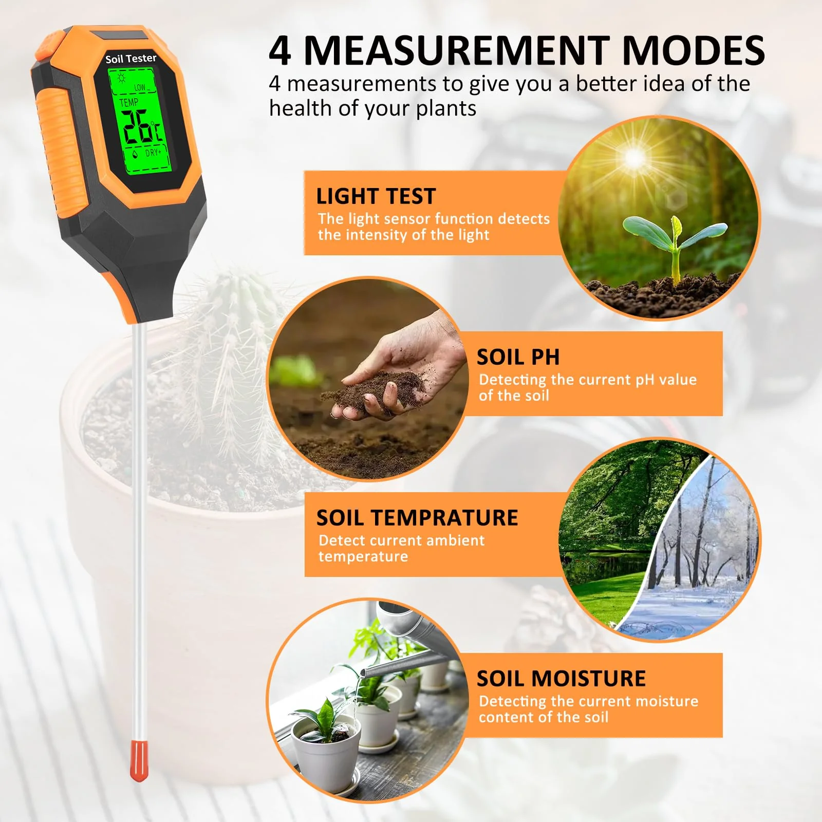 4-in-1 Soil Moisture Meter Digital PH Meter/Soil Moisture/Plant Temperature/Sunlight Intensity, Backlight LCD Display, Soil Test Meter for Garden, Lawn, Plant Care, Farm and Indoor Outdoor Plants - Image 3