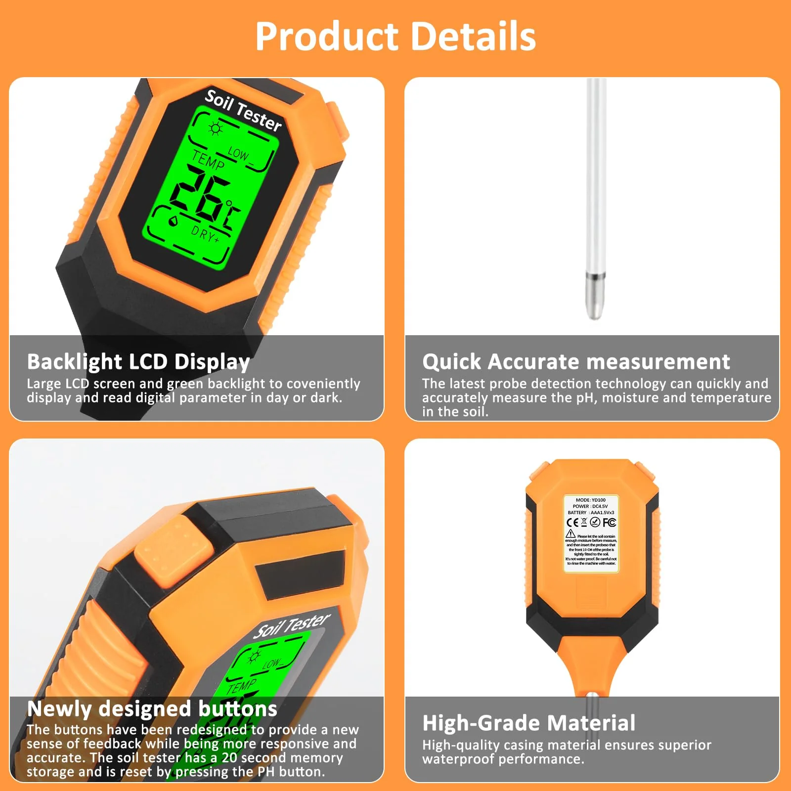 4-in-1 Soil Moisture Meter Digital PH Meter/Soil Moisture/Plant Temperature/Sunlight Intensity, Backlight LCD Display, Soil Test Meter for Garden, Lawn, Plant Care, Farm and Indoor Outdoor Plants - Image 6