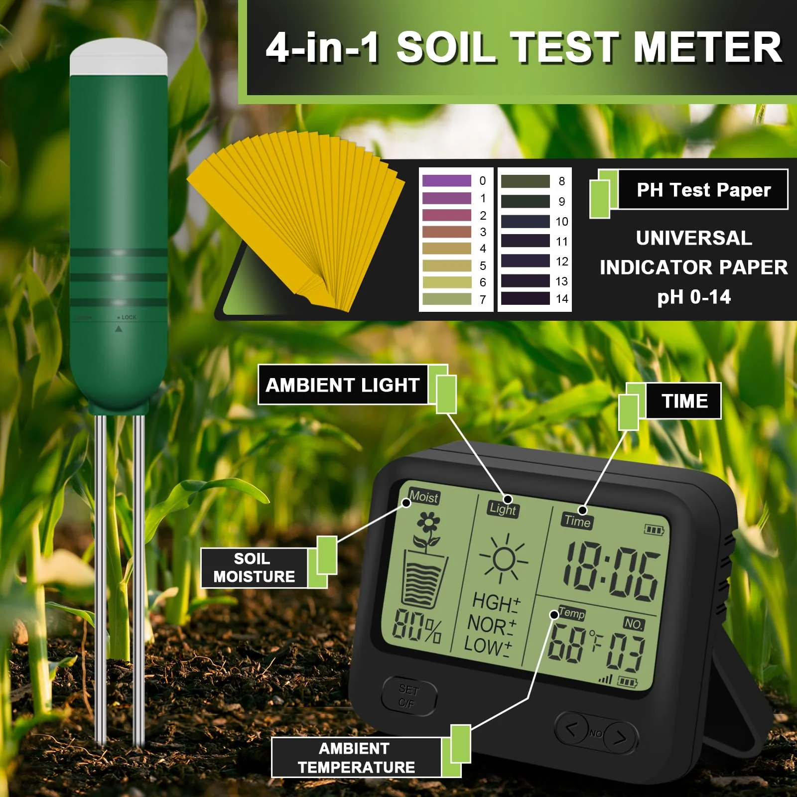 4-in-1 Wireless Soil Moisture Meter/Thermometer/Sunlight/Time,PH Paper, Waterproof Plant Moisture Sensor Meter with Digital LCD Display for Garden, Lawn and Indoor Plants 4-in-1 Display+2 Sensor - Image 2