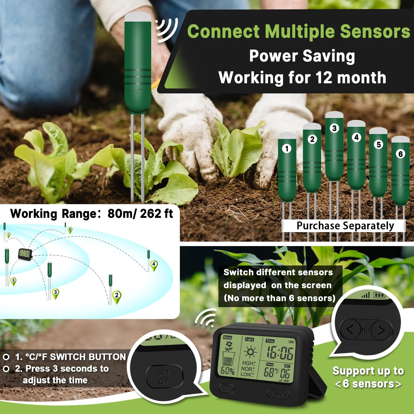 4-in-1 Wireless Soil Moisture Meter/Thermometer/Sunlight/Time,PH Paper, Waterproof Plant Moisture Sensor Meter with Digital LCD Display for Garden, Lawn and Indoor Plants 4-in-1 Display+2 Sensor - Image 3