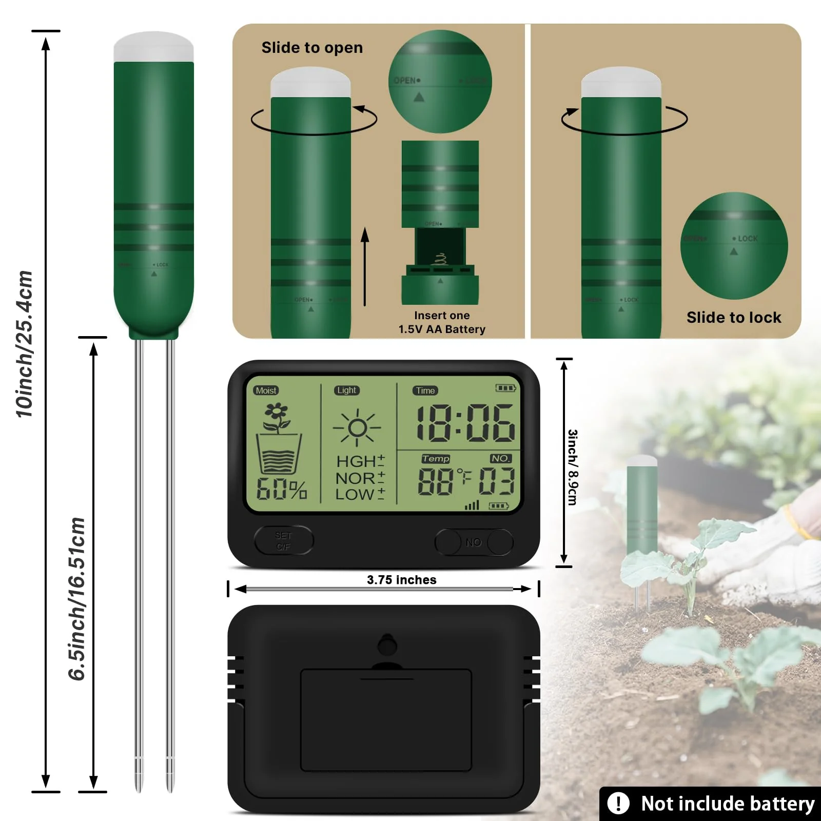 4-in-1 Wireless Soil Moisture Meter/Thermometer/Sunlight/Time,PH Paper, Waterproof Plant Moisture Sensor Meter with Digital LCD Display for Garden, Lawn and Indoor Plants 4-in-1 Display+2 Sensor - Image 4