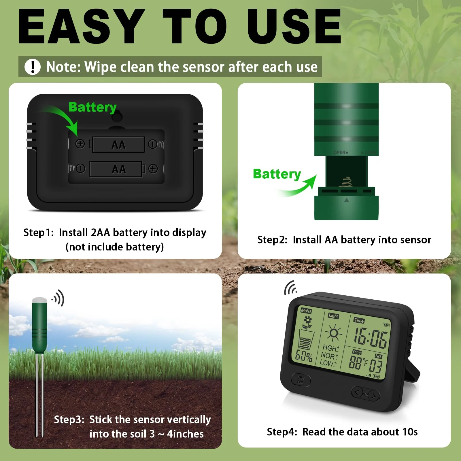 4-in-1 Wireless Soil Moisture Meter/Thermometer/Sunlight/Time,PH Paper, Waterproof Plant Moisture Sensor Meter with Digital LCD Display for Garden, Lawn and Indoor Plants 4-in-1 Display+2 Sensor - Image 6