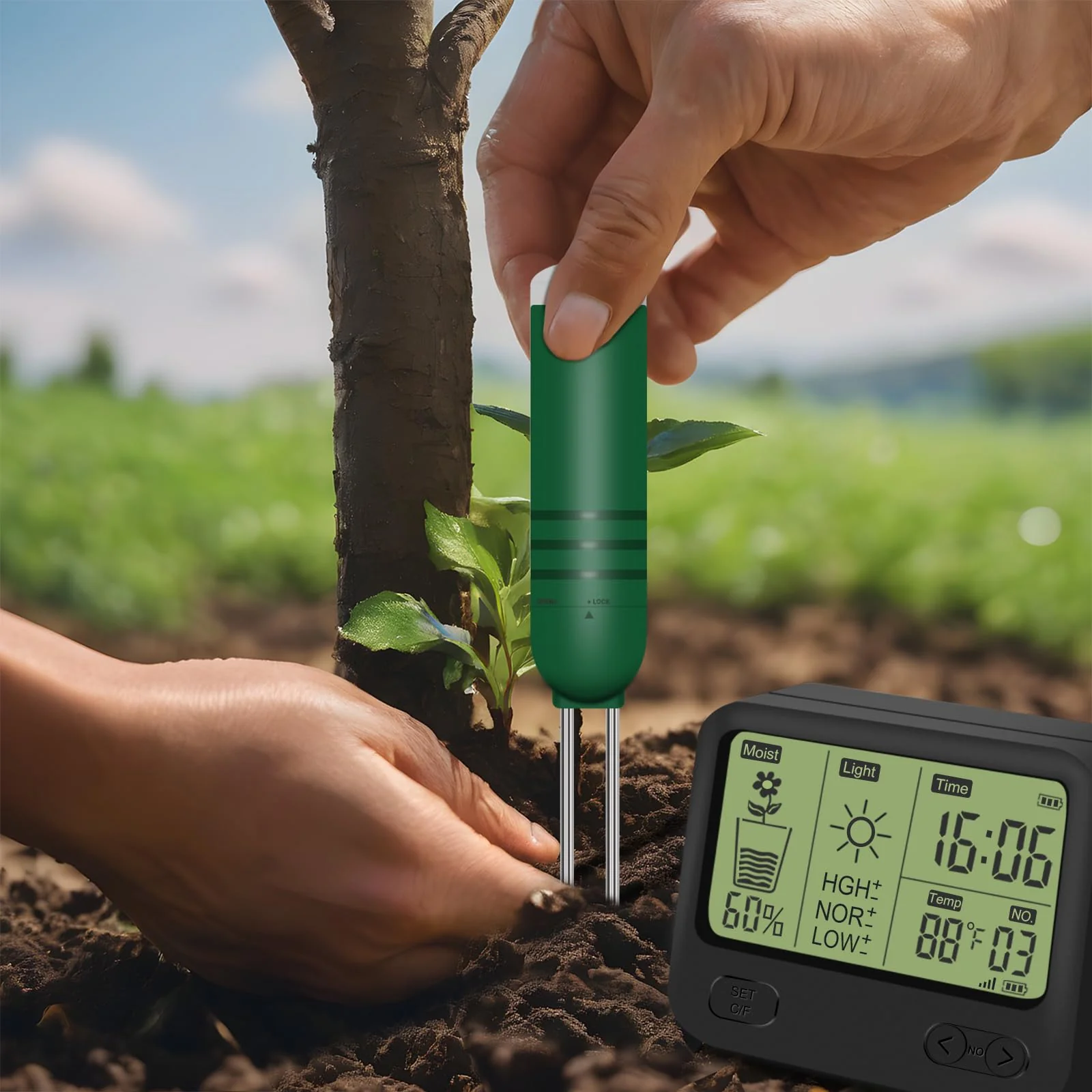 4-in-1 Wireless Soil Moisture Meter/Thermometer/Sunlight/Time,PH Paper, Waterproof Plant Moisture Sensor Meter with Digital LCD Display for Garden, Lawn and Indoor Plants 4-in-1 Display+2 Sensor - Image 7