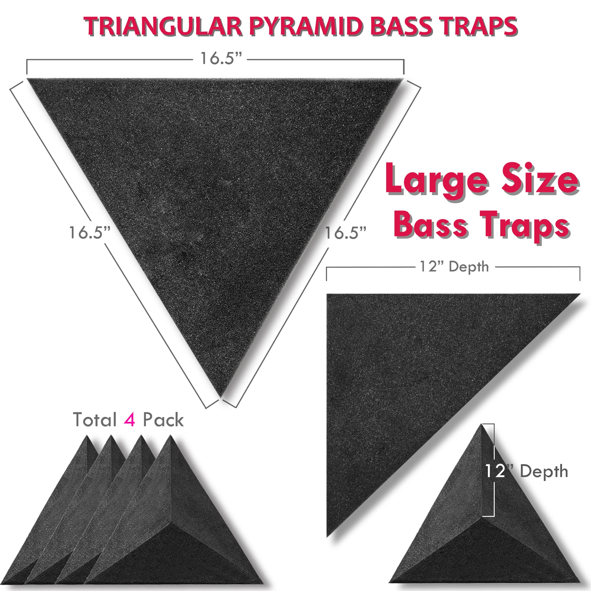 4 Pack Bass Traps for Ceiling Corner 16.5" Triangle 12" Depth Triangular Pyramid Acoustic Foam Bass Trap Sound Proofing for Home Studio Booth Low to High Frequency Sound Absorption Foam Triangular Pyramid Bass Traps - Image 2
