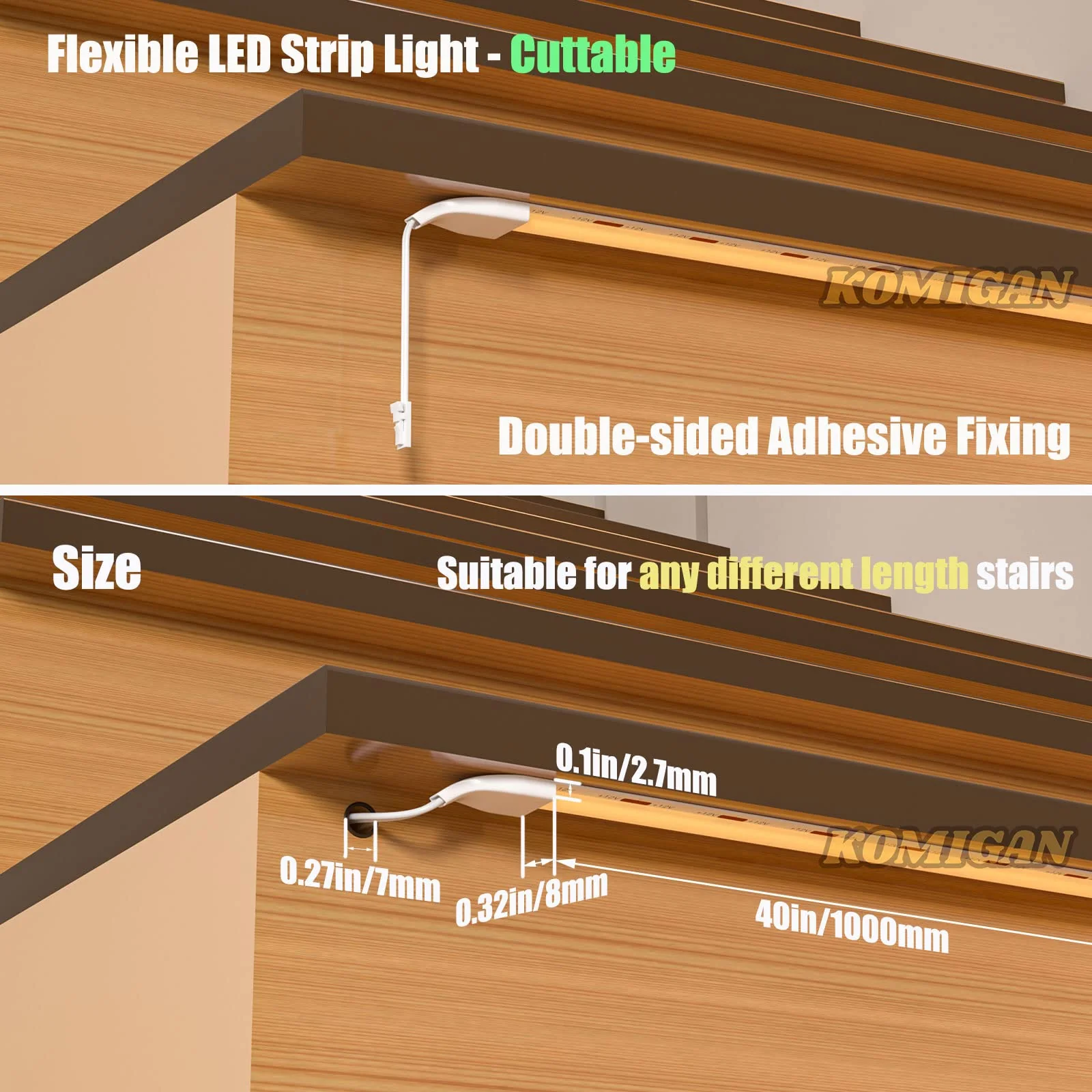 4 Pack Cuttable COB LED Strip Lights with 16.4ft Long Extension Cable Used for Indoor LED Stair Lights (40 inch, Warm White 3000K) 40 Inch - Image 2