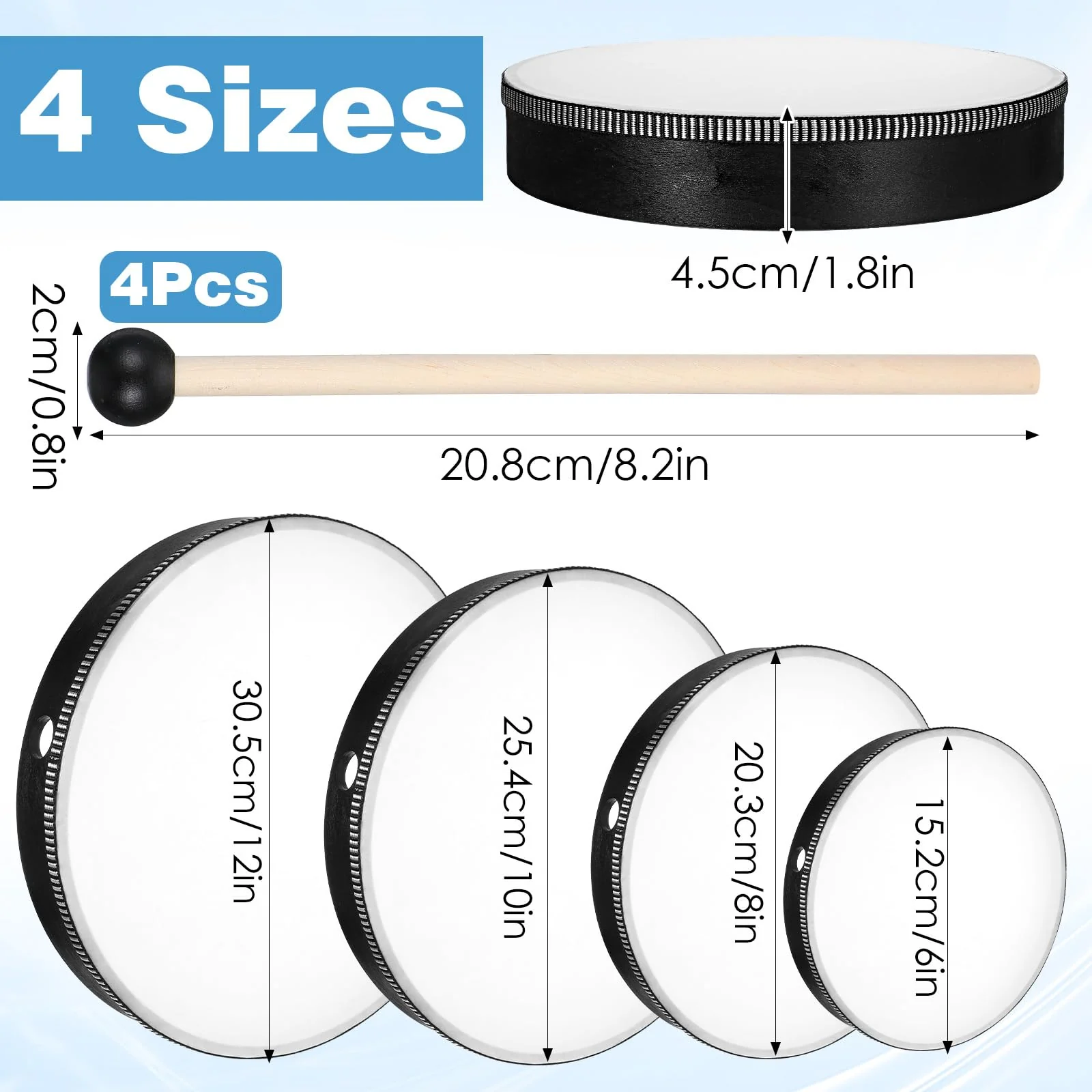 4 Pack Hand Drum Set, 6-12 Inch Wood Frame Percussion Instruments with Sticks for Beginners, Home Party Supplies - Image 2