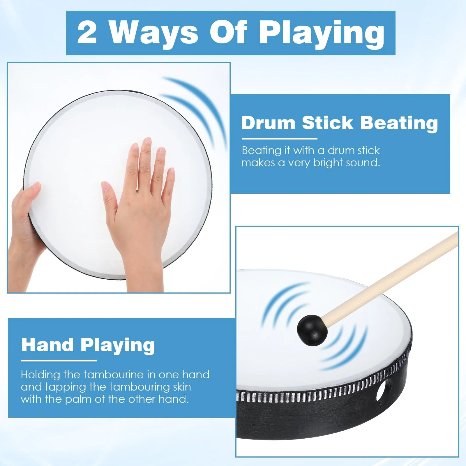 4 Pack Hand Drum Set, 6-12 Inch Wood Frame Percussion Instruments with Sticks for Beginners, Home Party Supplies - Image 3