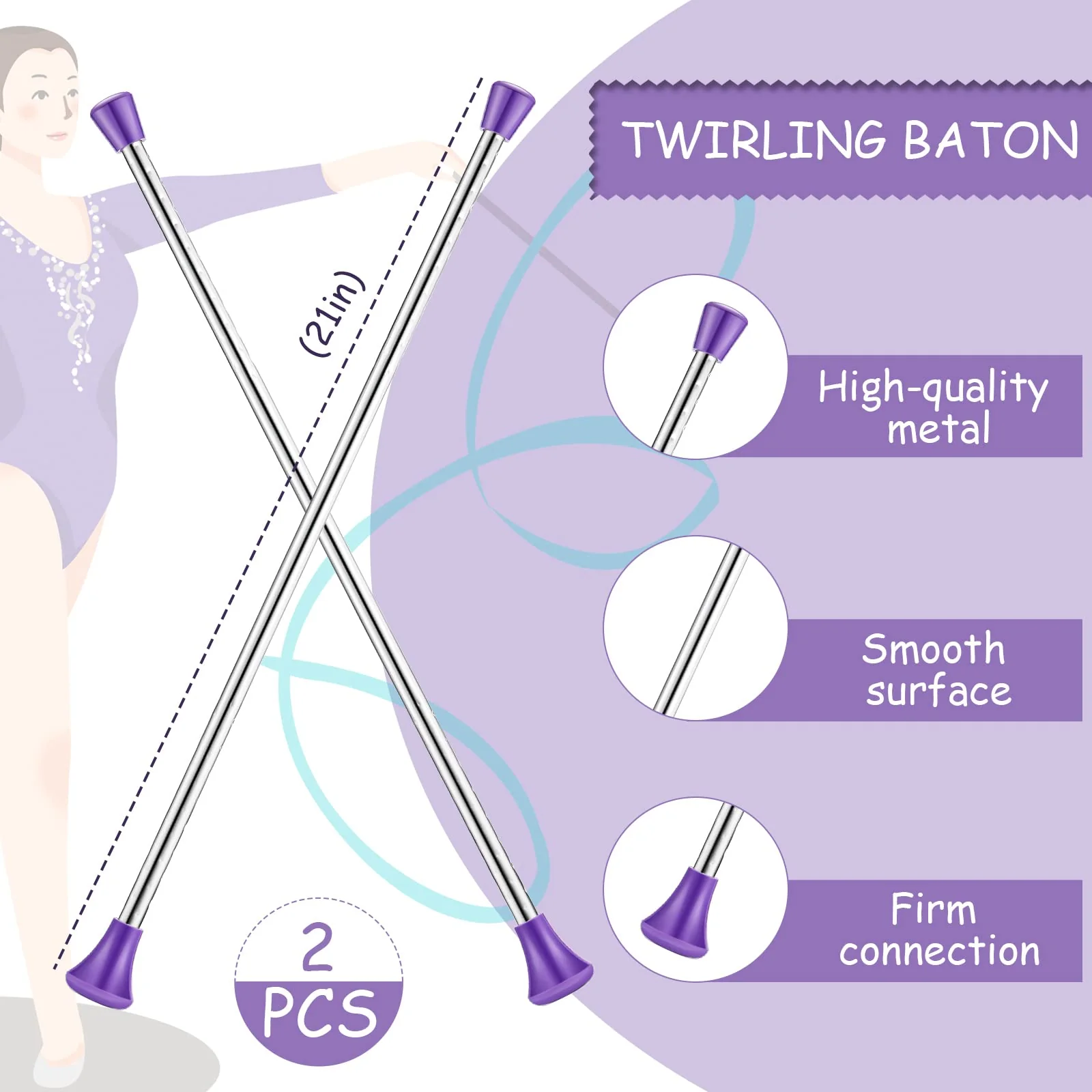 4 Pack Twirling Baton 21 Inch Band Marching Baton Stainless Steel Conductors Metal Gymnastics Parade Stick Dance Ribbon Streamer for Kid Girl - Image 2