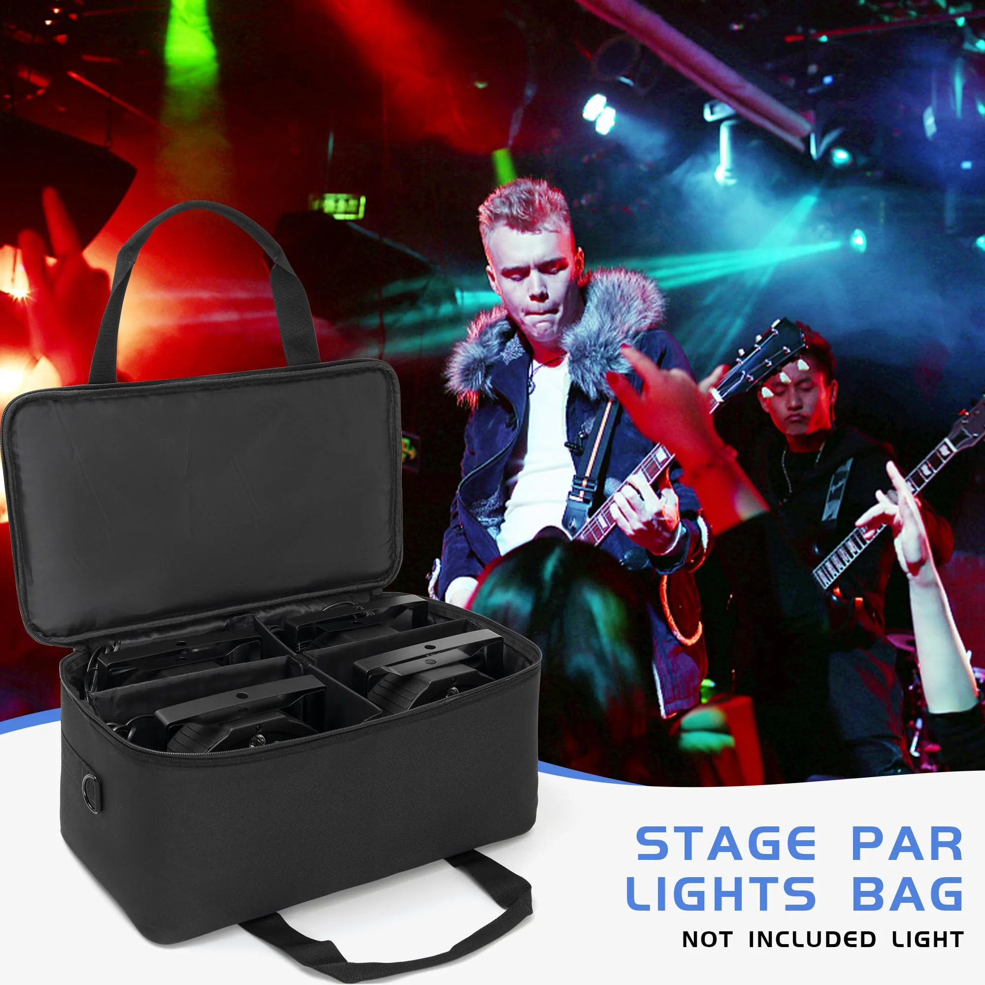 4 Par Spotlight Bag 5/16'' Padded Stage Lighting Storage Bag with Dividers, Handle, Straps, Black 4 Par Lights Bag - Image 8
