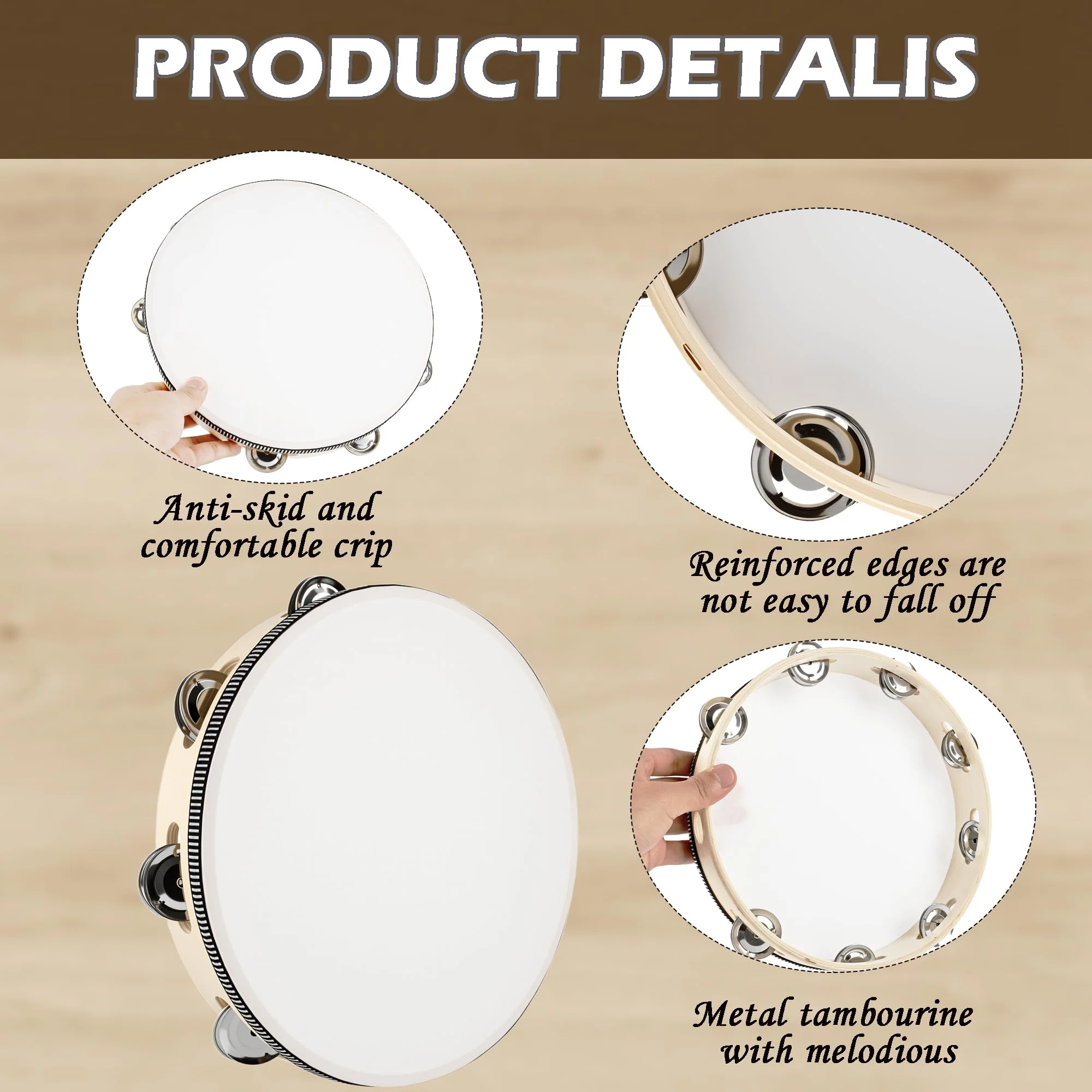 4 Pcs 10 Inch Adult Wedding Tambourines Drum Wooden Natural Handheld Drums Metal Jingles Drums Musical Instruments Percussion for Church Wedding Party Favor - Image 3