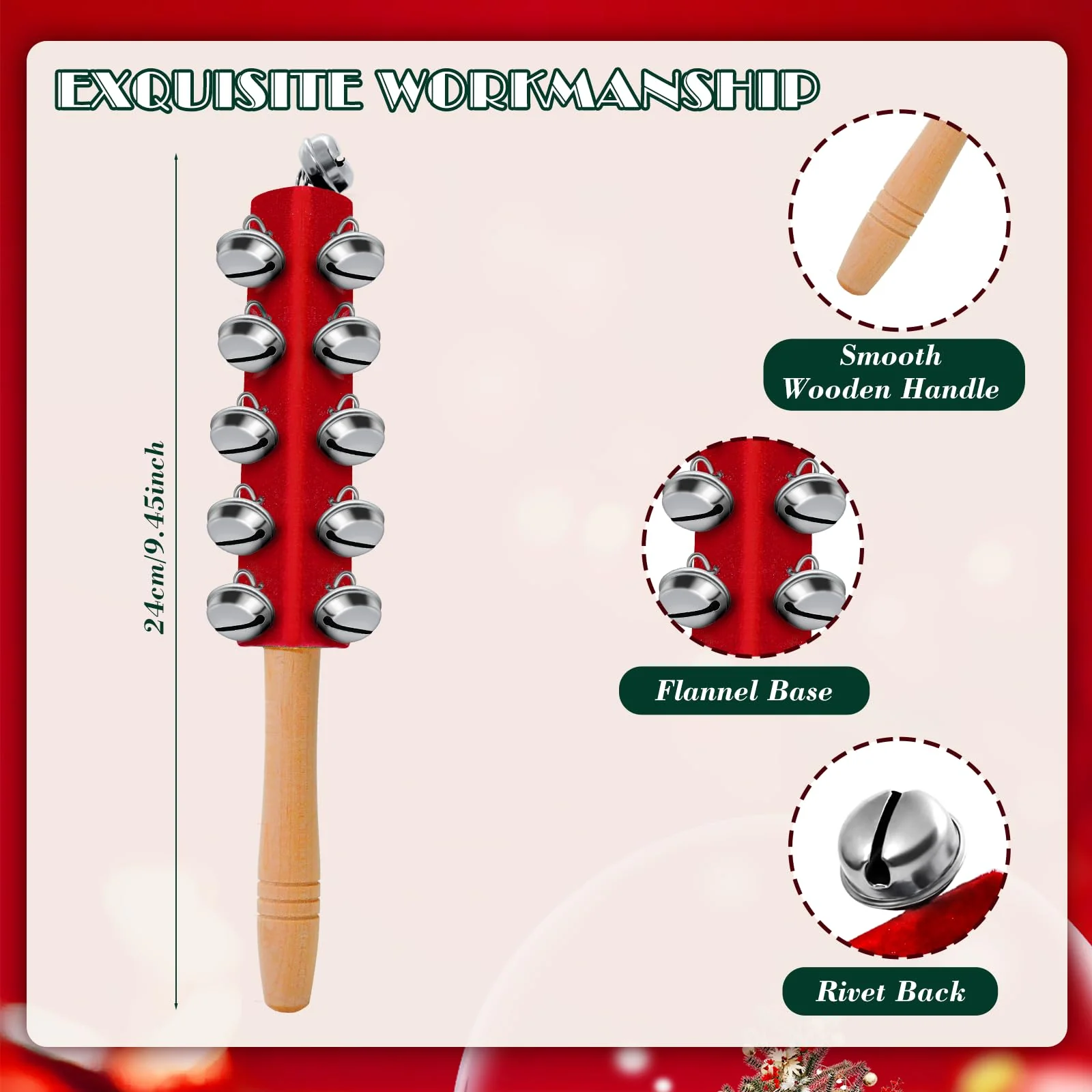 4 Pcs Christmas Sleigh Bells Wooden Handle Jingle Bells Instrument Musical Hand Bell Shaker Rattle Musical Percussion Instrument for Xmas Holiday Party (Red) Red - Image 2