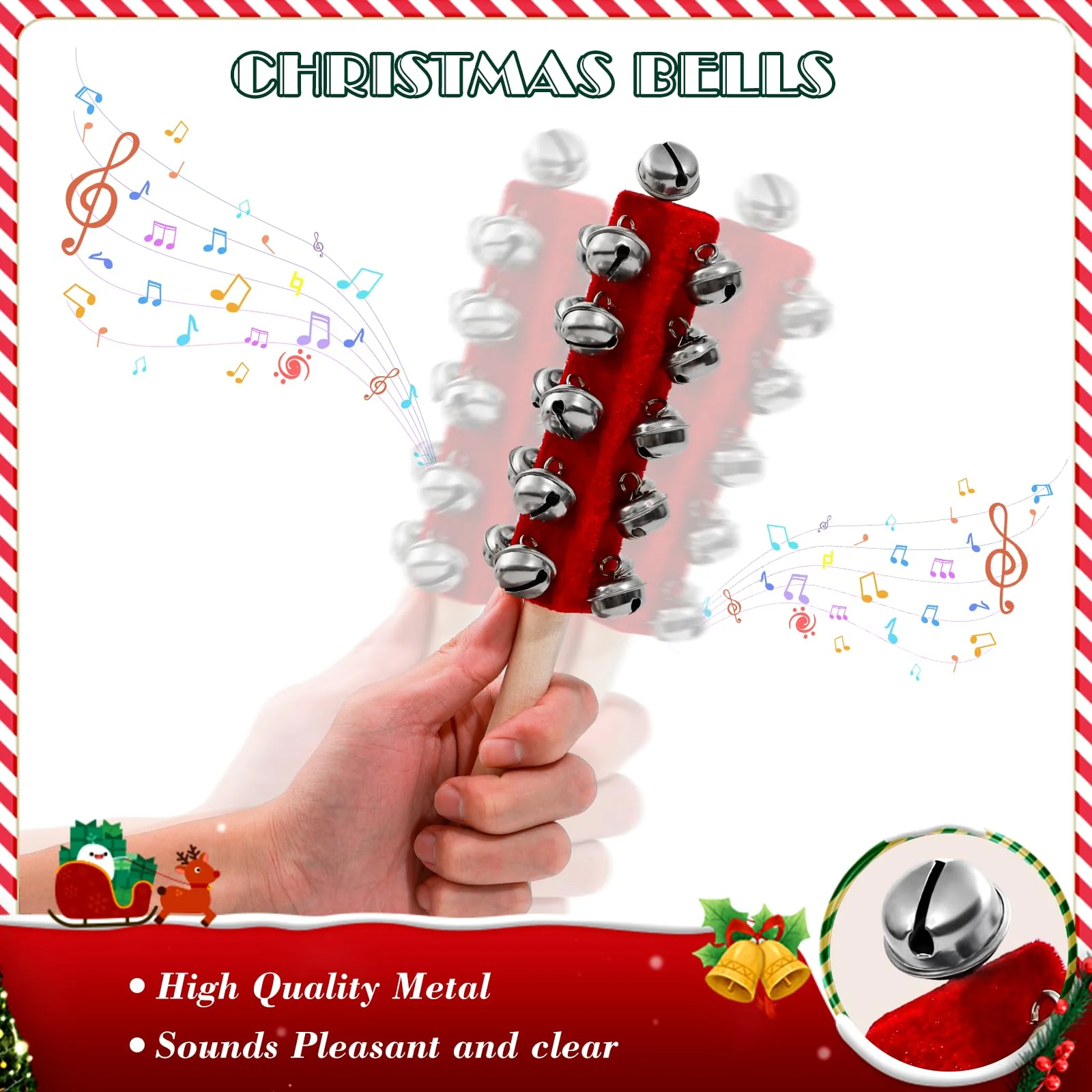 4 Pcs Christmas Sleigh Bells Wooden Handle Jingle Bells Instrument Musical Hand Bell Shaker Rattle Musical Percussion Instrument for Xmas Holiday Party (Red) Red - Image 3