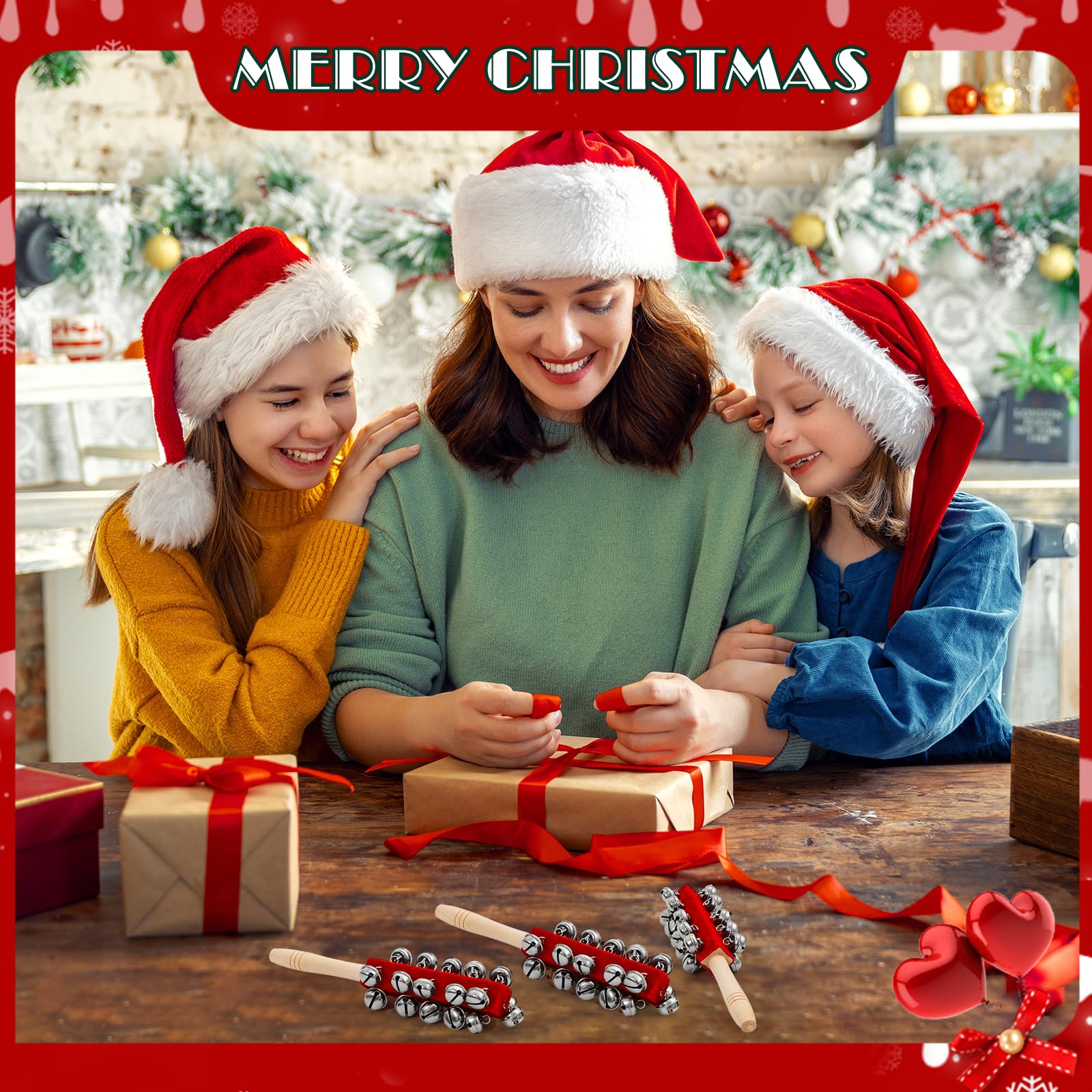 4 Pcs Christmas Sleigh Bells Wooden Handle Jingle Bells Instrument Musical Hand Bell Shaker Rattle Musical Percussion Instrument for Xmas Holiday Party (Red) Red - Image 4