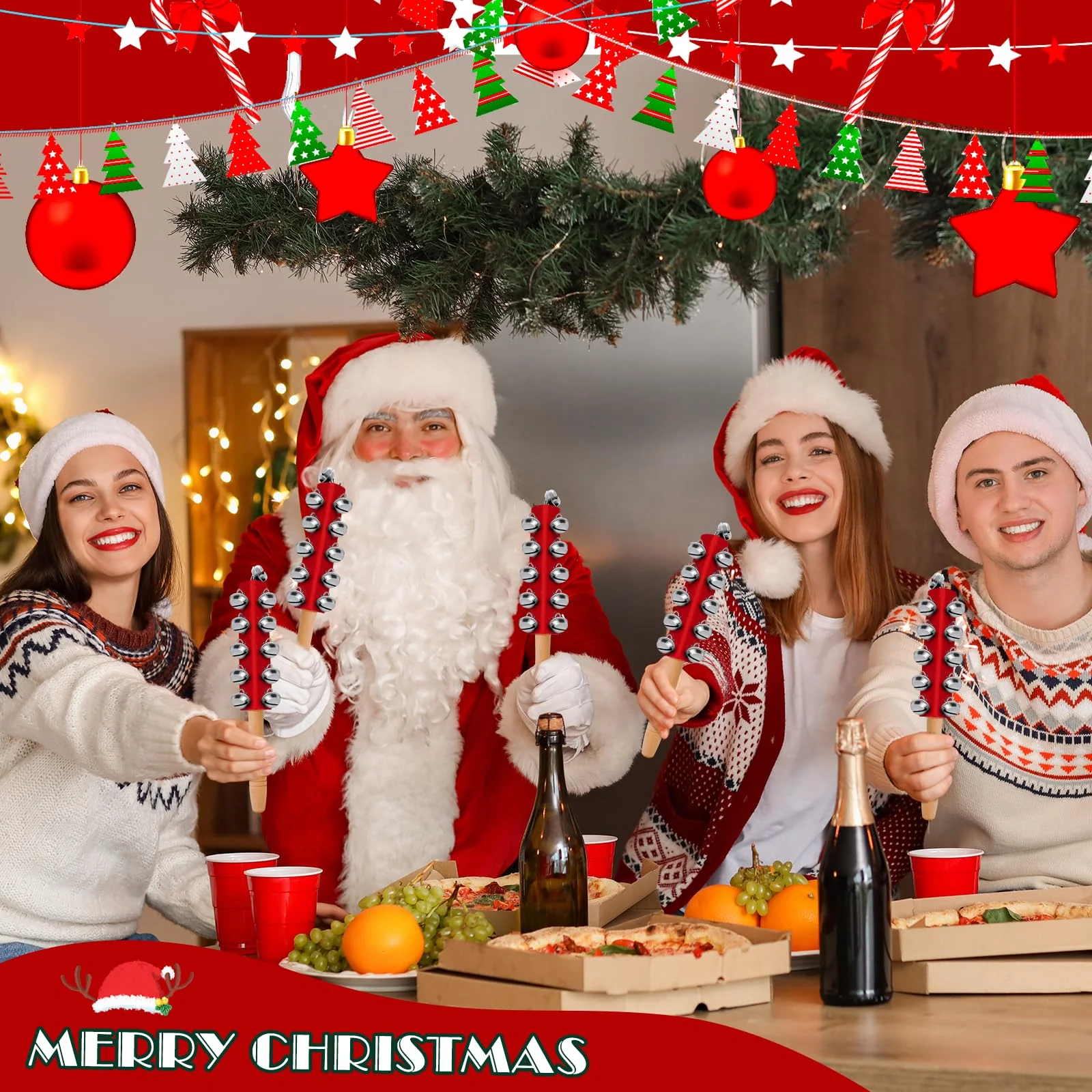 4 Pcs Christmas Sleigh Bells Wooden Handle Jingle Bells Instrument Musical Hand Bell Shaker Rattle Musical Percussion Instrument for Xmas Holiday Party (Red) Red - Image 5