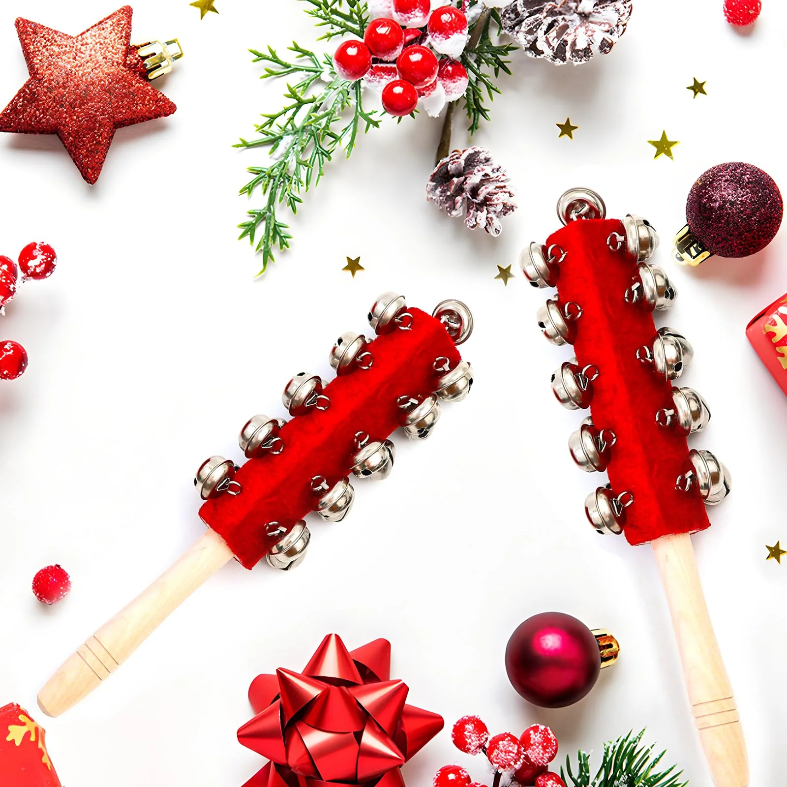 4 Pcs Christmas Sleigh Bells Wooden Handle Jingle Bells Instrument Musical Hand Bell Shaker Rattle Musical Percussion Instrument for Xmas Holiday Party (Red) Red - Image 6