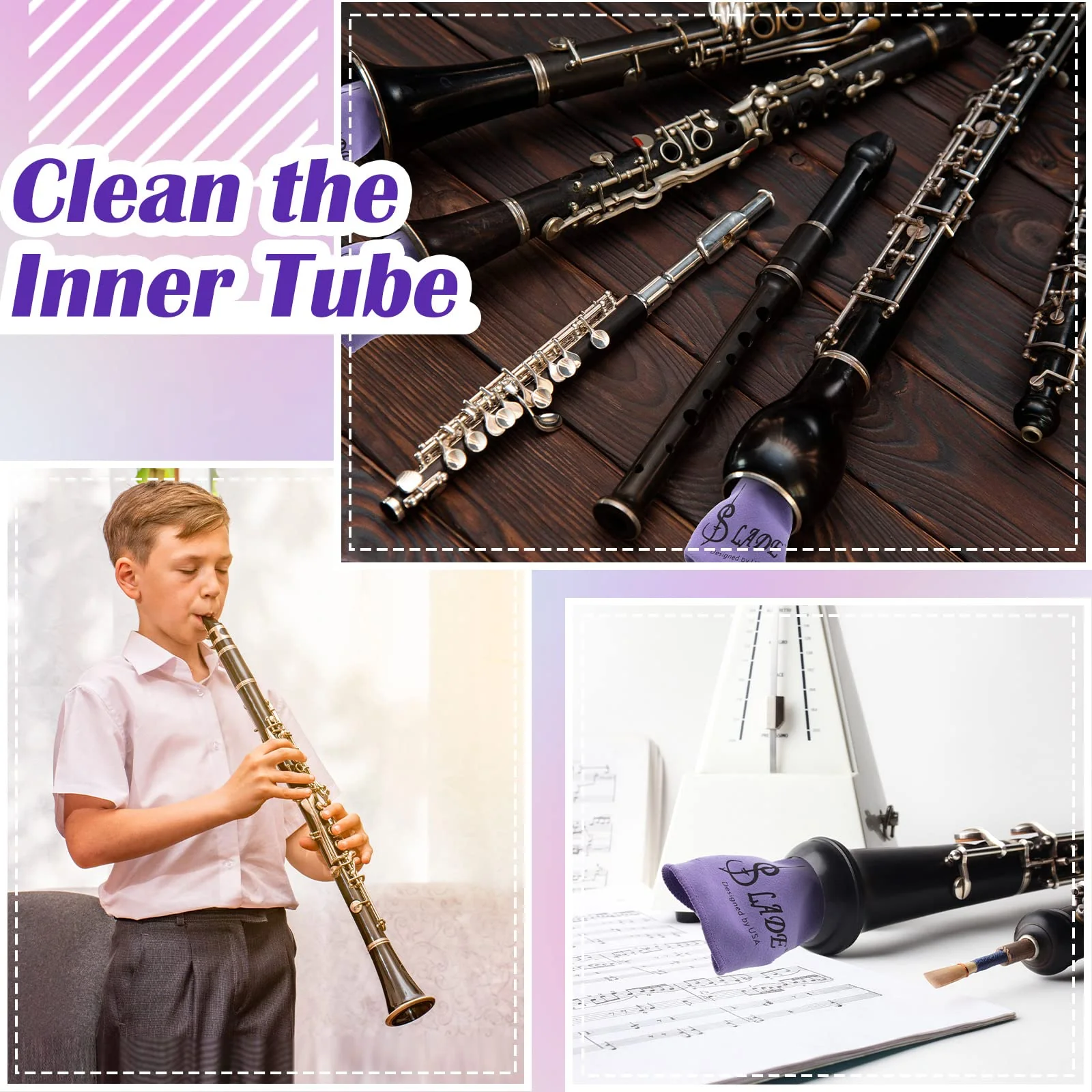 4 Pcs Clarinet Swab Cloth Clarinet Cleaner Clarinet Cleaning Cloth Swab for Inside Tube Suitable Clarinet Piccolo Flute Sax Saxophone (Purple) Purple - Image 4
