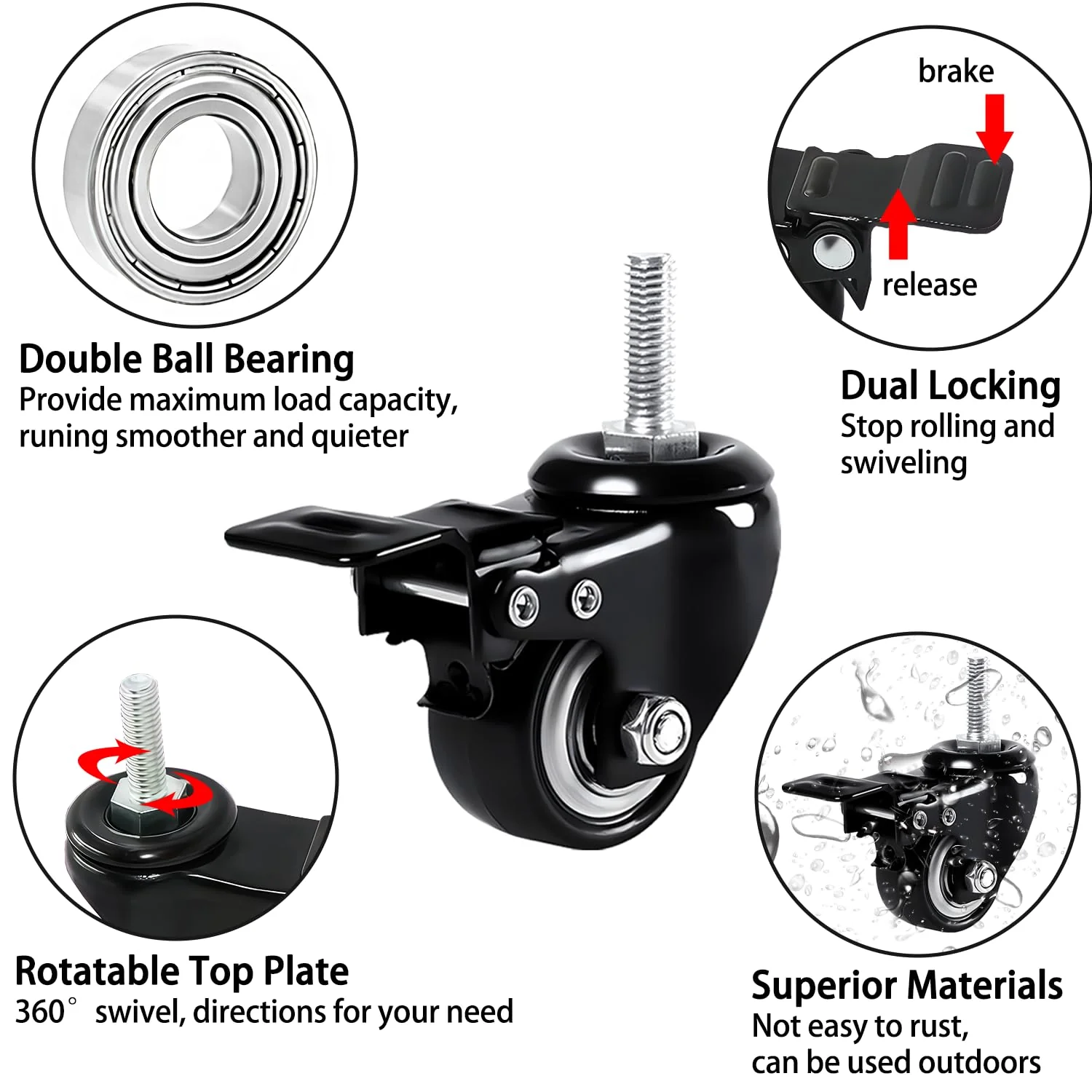 4 Pcs Keyboard Stand Wheels, Keyboard Stand Caster Wheels, 4 Replacement Locking Heavy Duty Wheels with Brake, Keyboard Stand Parts and Accessories - Image 5