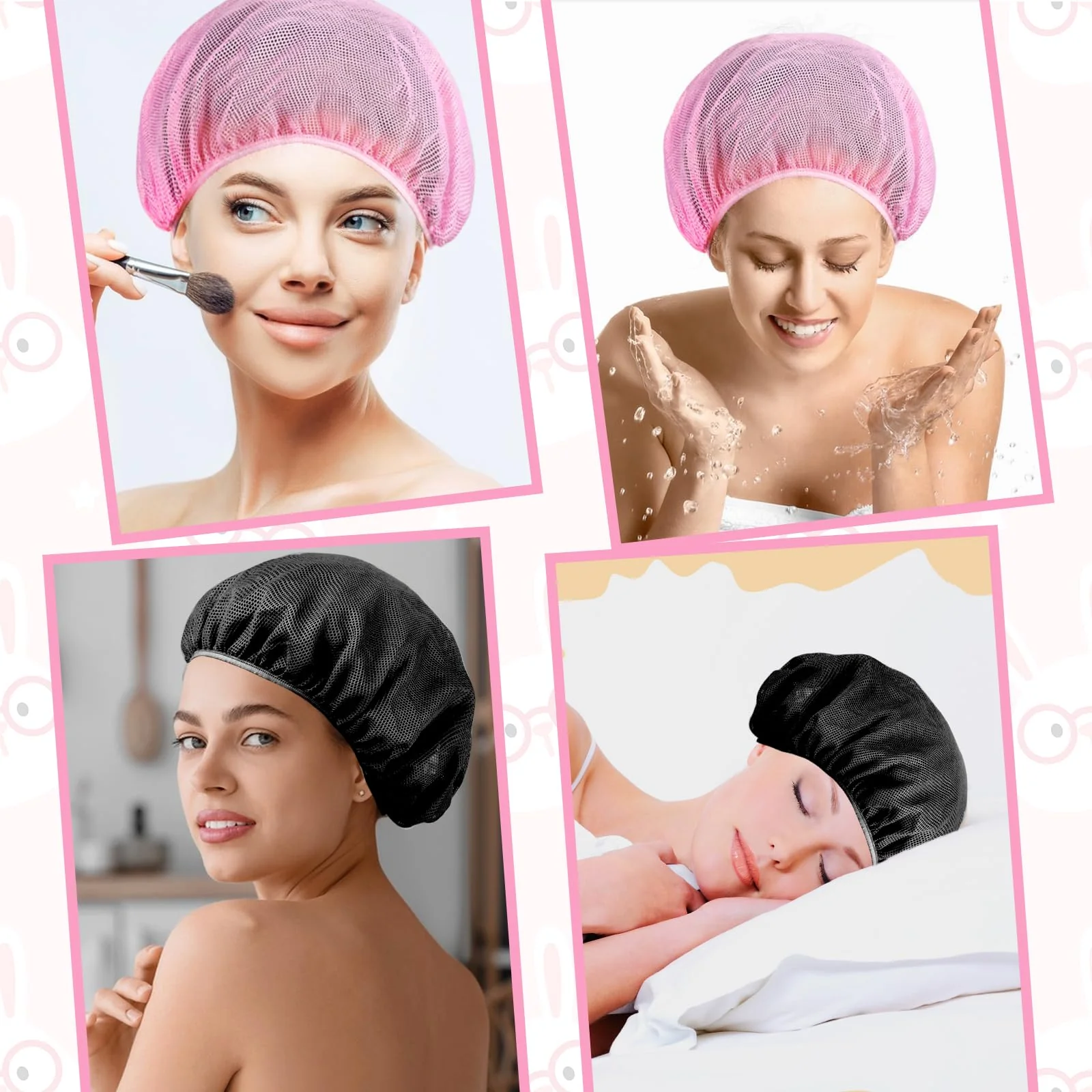 4 Pcs Mesh Sleep Bonnet Hair Nets Cap for Women Pink Black - Image 5