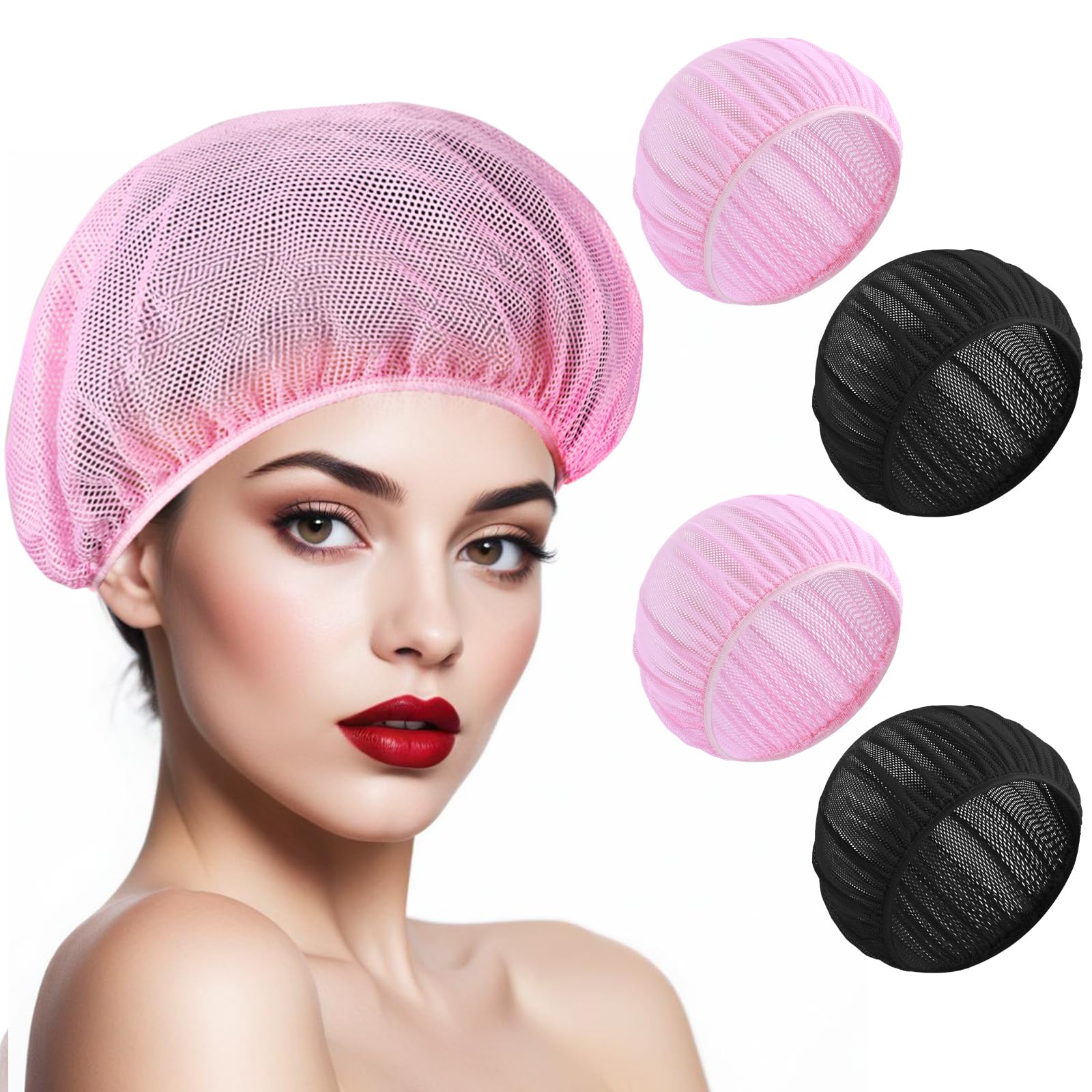 4 Pcs Mesh Sleep Bonnet Hair Nets Cap for Women Pink Black - Image 8