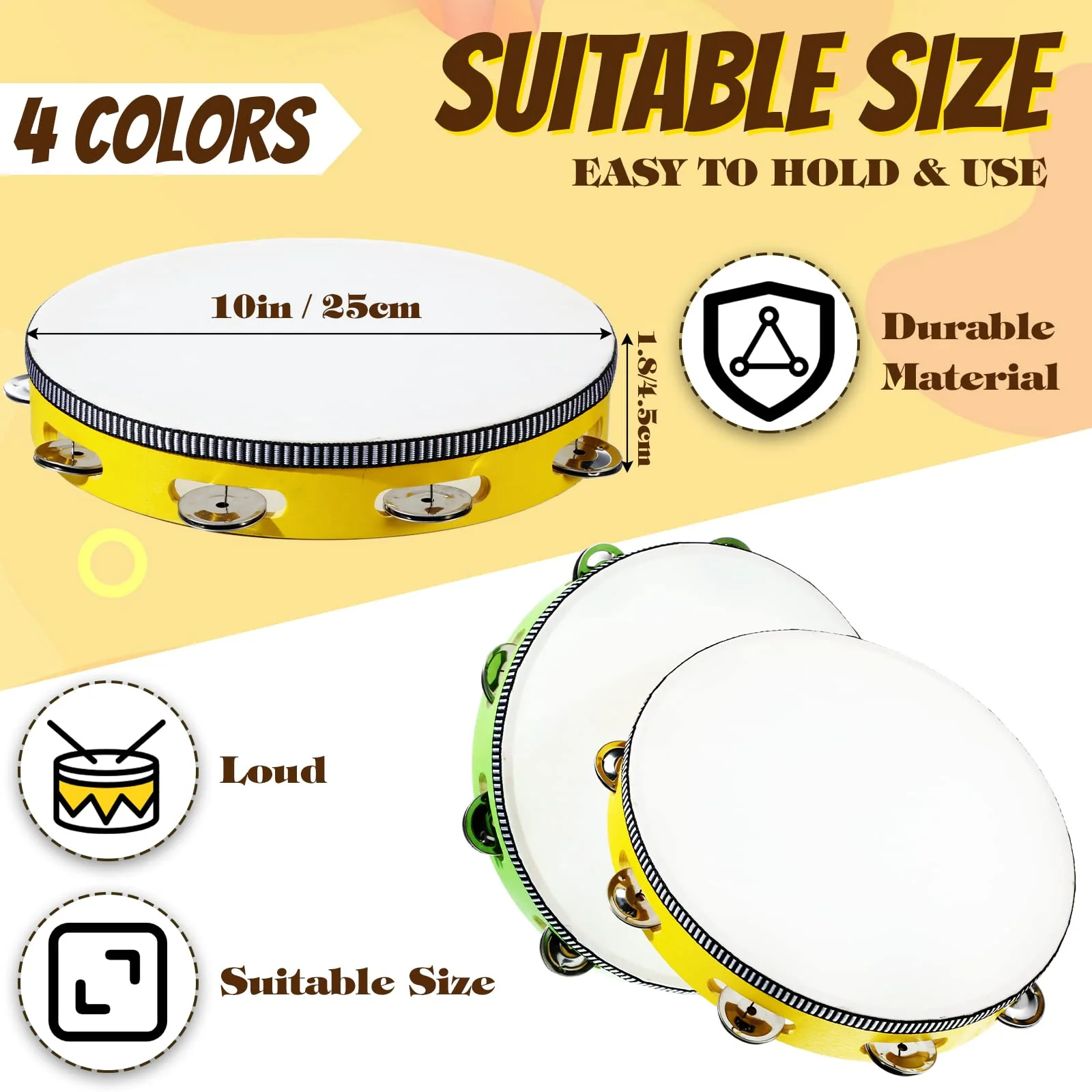 4 Pcs Tambourines for Adults 10 Inch Hand Held Drum Bell Birch Metal Jingles Single Row Wooden Tambourine Rhythm Educational Musical Instrument Percussion for Church KTV Party Gifts - Image 2