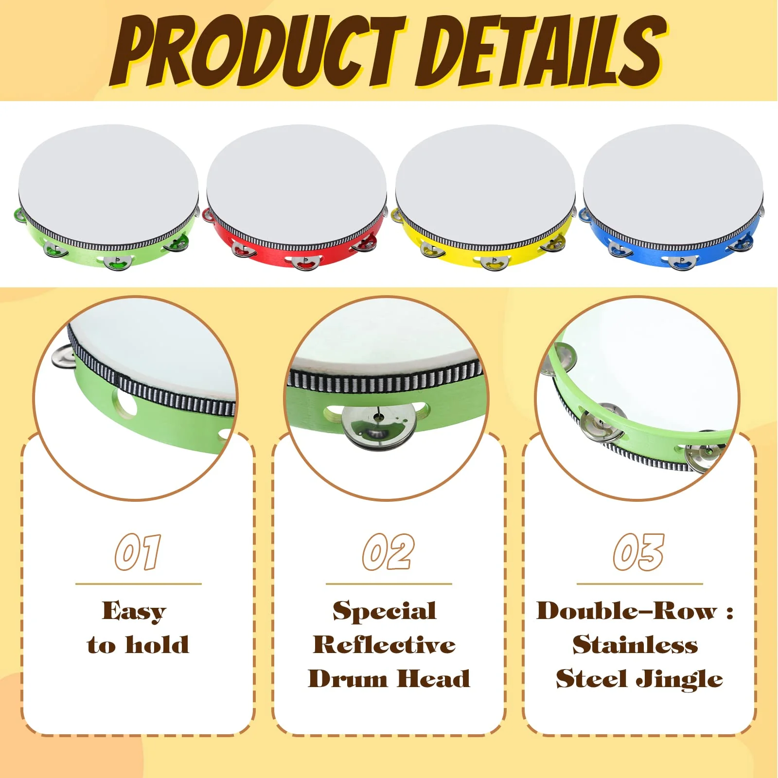 4 Pcs Tambourines for Adults 10 Inch Hand Held Drum Bell Birch Metal Jingles Single Row Wooden Tambourine Rhythm Educational Musical Instrument Percussion for Church KTV Party Gifts - Image 3