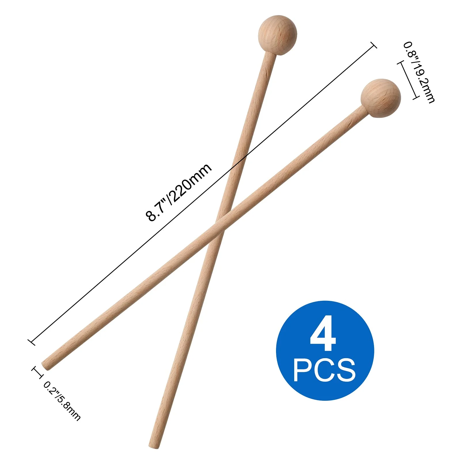 4 Pcs Wood Percussion Sticks 8.7" Xylophone Mallets Sticks Glockenspiel Mallets for Xylophone Glockenspiel Bells Chime Woodblock Drum - Image 2
