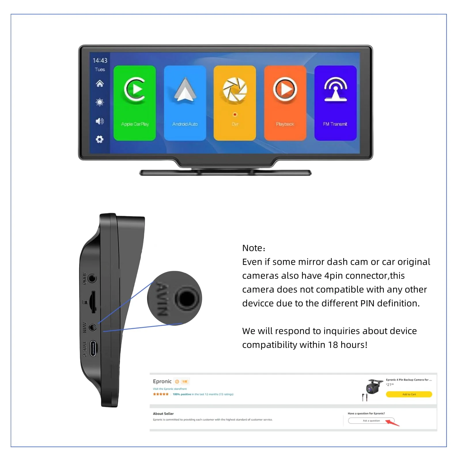 4 Pin Backup Camera for Carplay Screen Monitor Support Mirror Image AHD 720P/ 1080P Reverse Camera 2.5mm Jack to 4 Pin Front/Rear View Camera, 20ft Male Plug - Image 5