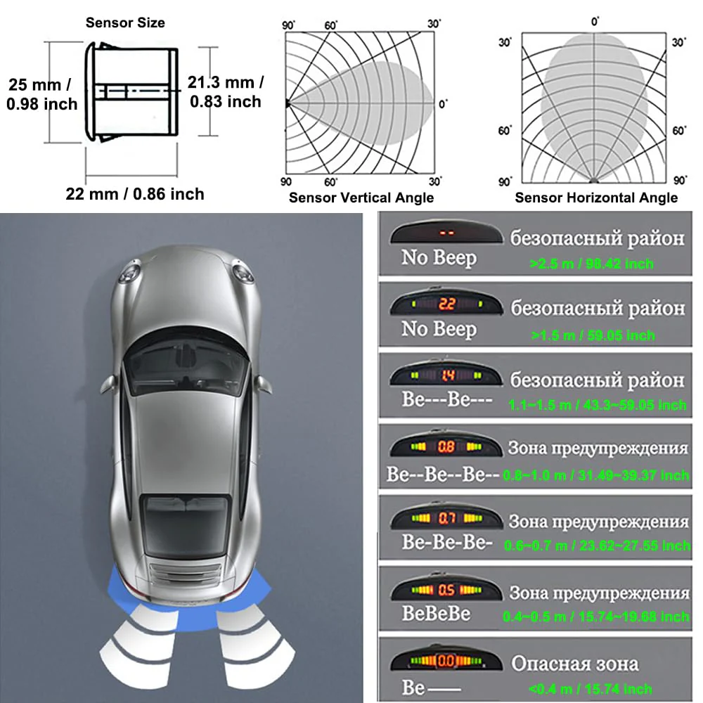 4 Sensors Car Parking Assistance Reversing Radar LED Display Sound Warning White, Car Reversing Radars System, Front/Rear LED Display 12V Car Vehicle Reverse Backup Radar System - Image 7