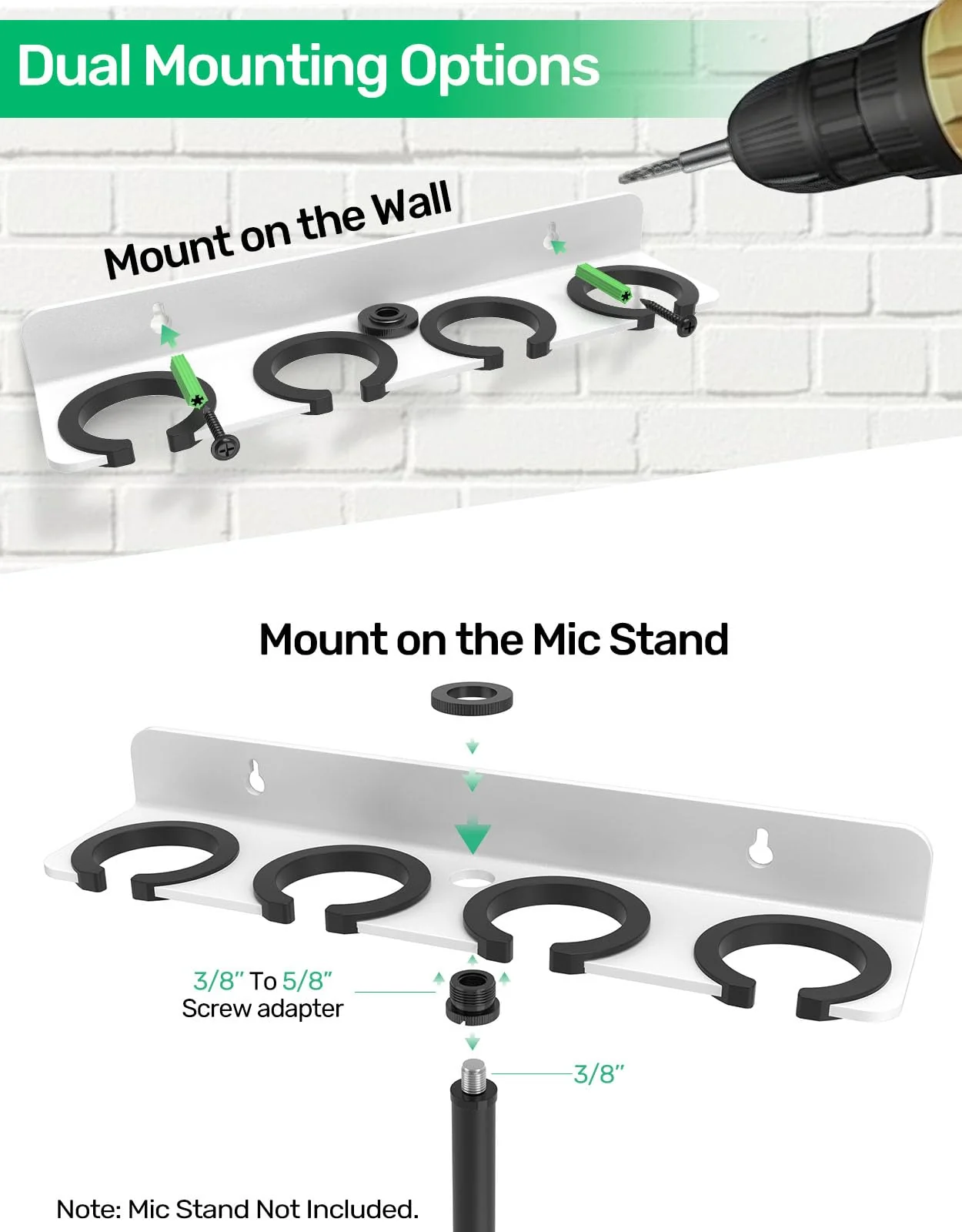 4-Slot White Multi Microphone Holder for Wired and Wireless Mics, Hold Up to 4 Mics, Multiple Mic Organizer Storage for Mic Stand, Rubber Padding/Wall Mounted or Mounted to 5/8"-27 or 3/8"-16 Stand - Image 2