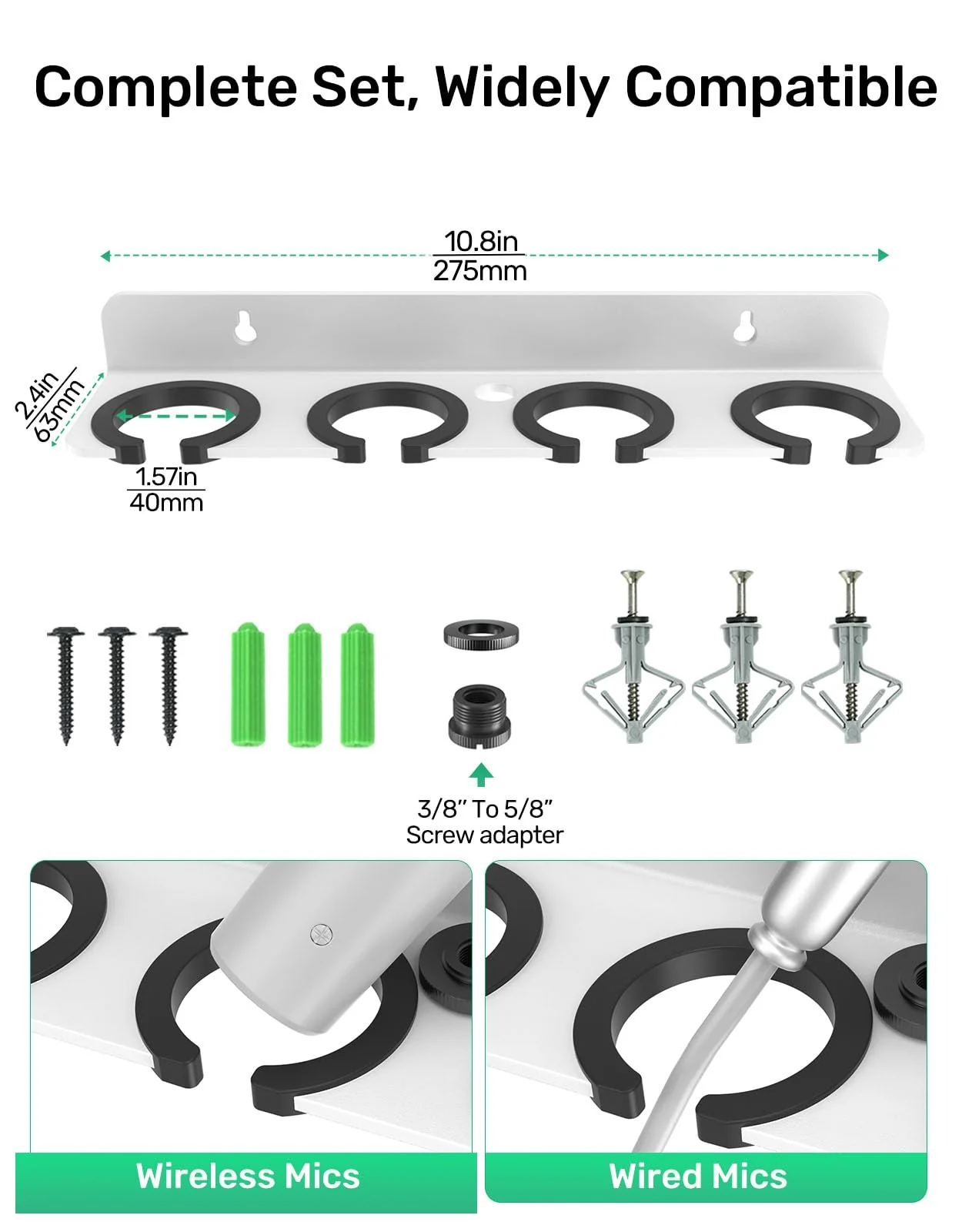 4-Slot White Multi Microphone Holder for Wired and Wireless Mics, Hold Up to 4 Mics, Multiple Mic Organizer Storage for Mic Stand, Rubber Padding/Wall Mounted or Mounted to 5/8"-27 or 3/8"-16 Stand - Image 6