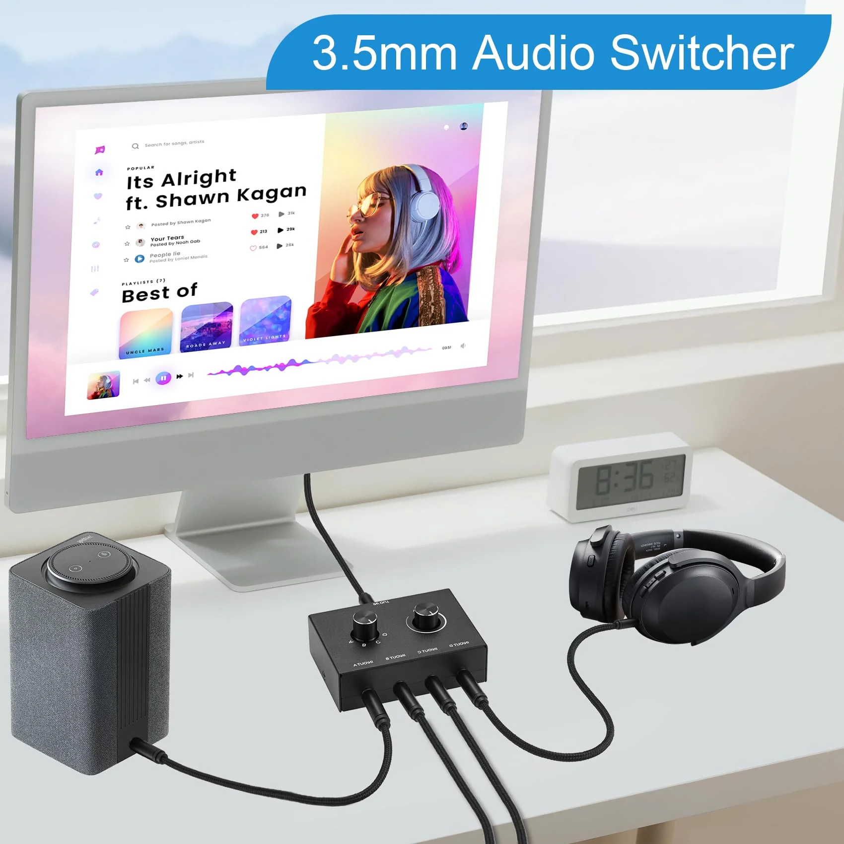 4 Way 3.5mm Stereo Audio Switch, AUX 3.5mm Audio Switch Audio Switcher Passive Speaker Headphone Manual Selector Splitter Box Audio Sharing (4/1 in -1/4 Out) 4 Port Black - Image 4