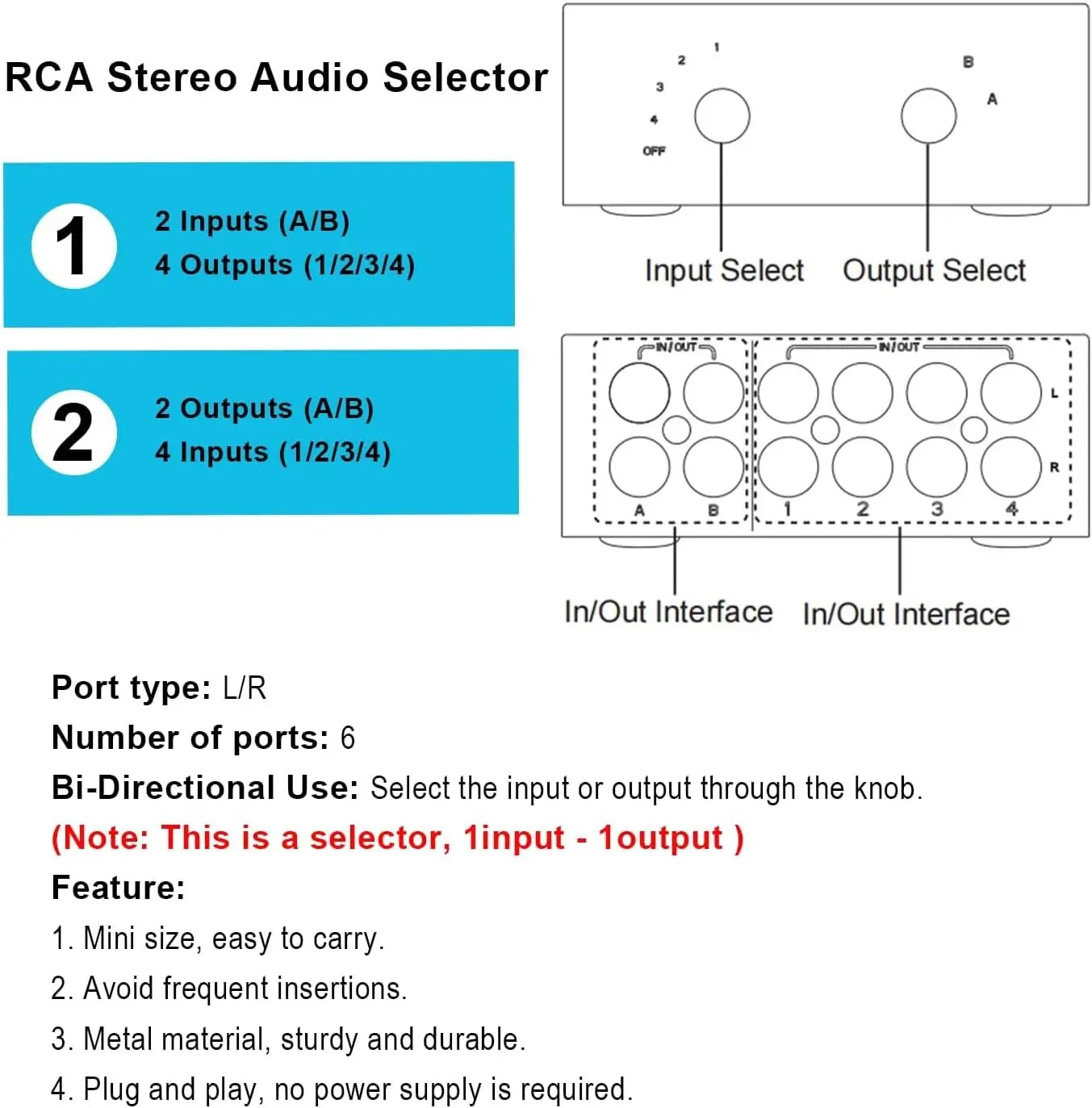 4 Way RCA Switcher 2 in 4 Out L/R Sound Channel Bi-Directional Audio Swith Splitter for DVD Stereo Speaker CD Player - Image 9