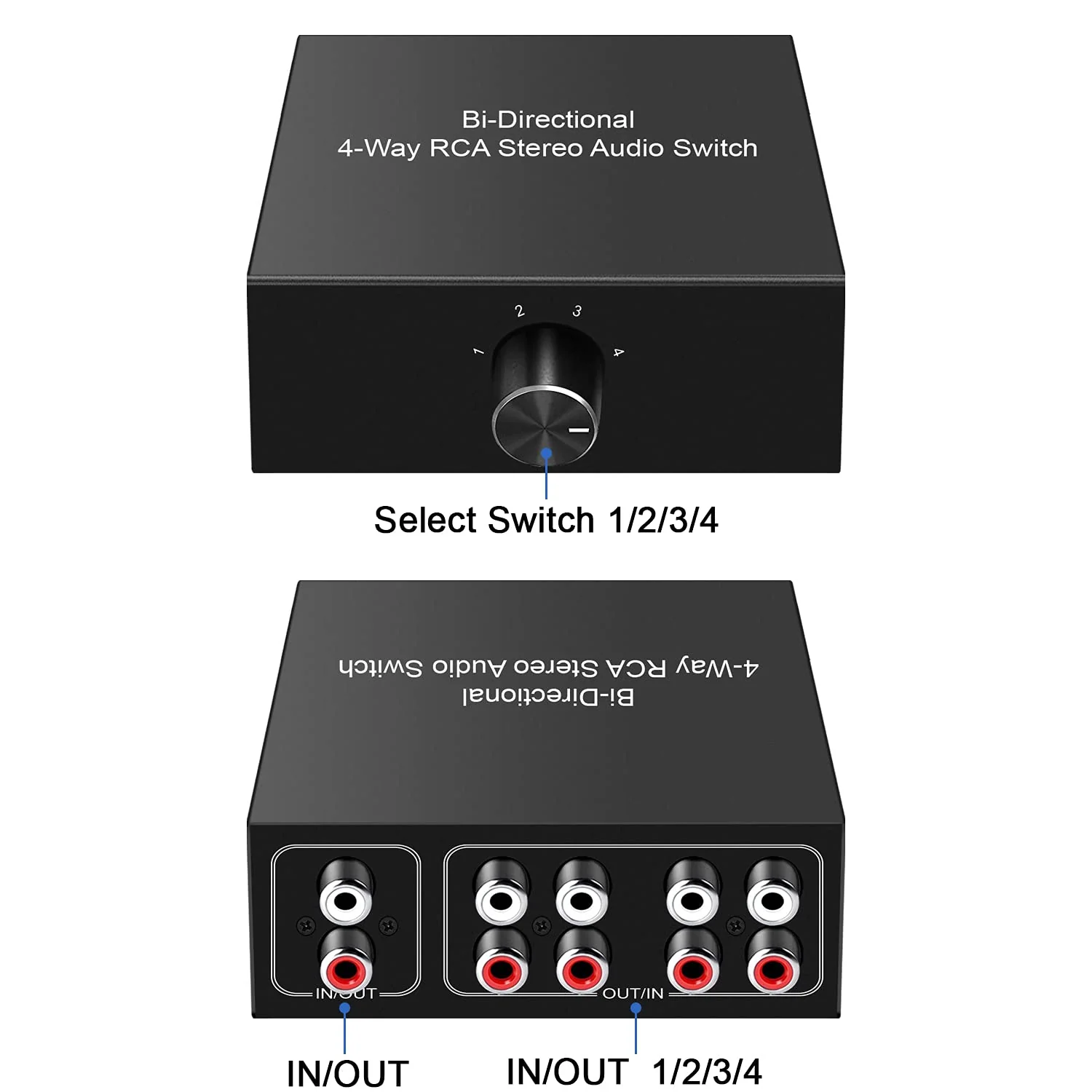 4-Way Stereo L/R Sound Channel Bi-Directional Audio Switcher, 1 in 4 Out or 4 in 1 Out, L/R Sound Channel Audio Switch Splitter RCA Stereo Switch Selector for DVD Stereo Speaker CD Player Bi-Directional RCA Switch 4 Port - Image 2