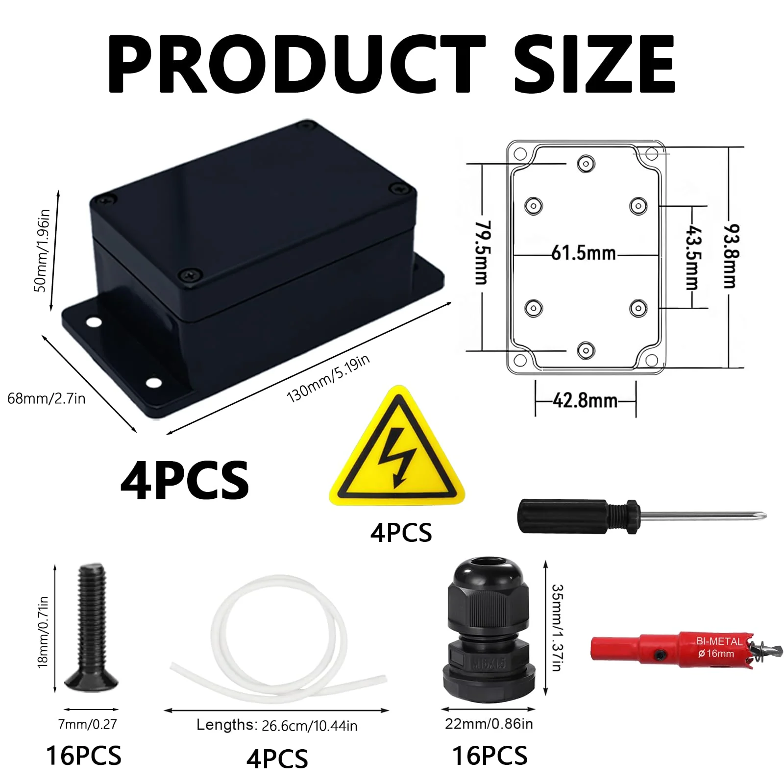4 x Junction Boxes, IP67 Black Junction Box, Waterproof, 100 x 68 x 50 mm, Surface-Mounted Junction Box, Electronic Housing with 16 Cable Glands, Safety Shields, Hole Saw 16 mm, Screwdriver - Image 2