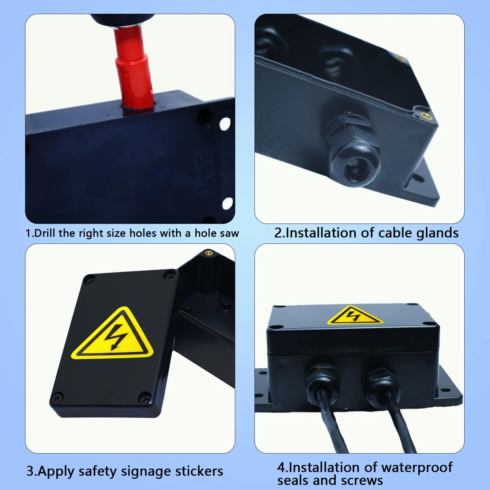 4 x Junction Boxes, IP67 Black Junction Box, Waterproof, 100 x 68 x 50 mm, Surface-Mounted Junction Box, Electronic Housing with 16 Cable Glands, Safety Shields, Hole Saw 16 mm, Screwdriver - Image 4