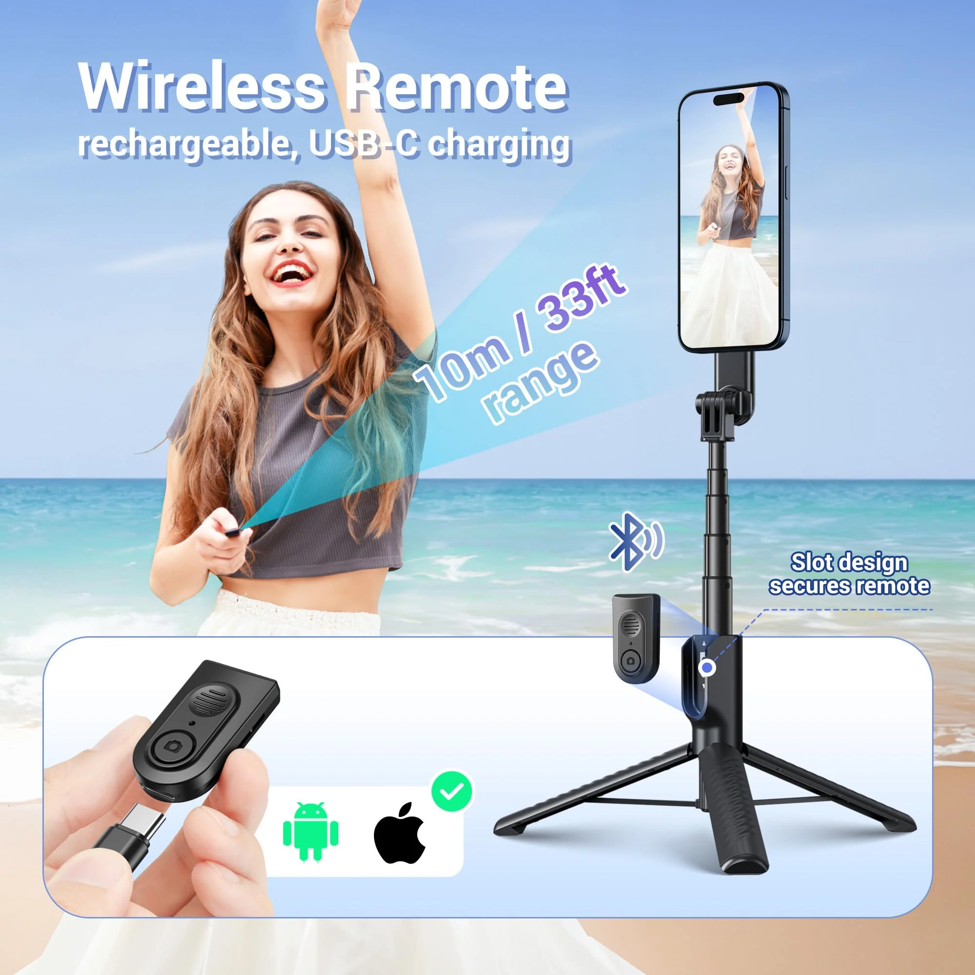 40.9" Magnetic Phone Selfie Stick Tripod, Cell Phone Tripod Stand with Rechargeable Remote & Phone Tripod Mount with 2 Cold Shoe,Portable Phone Tripod for Travel Selfies Live Streaming Video Recording WHITE - Image 3