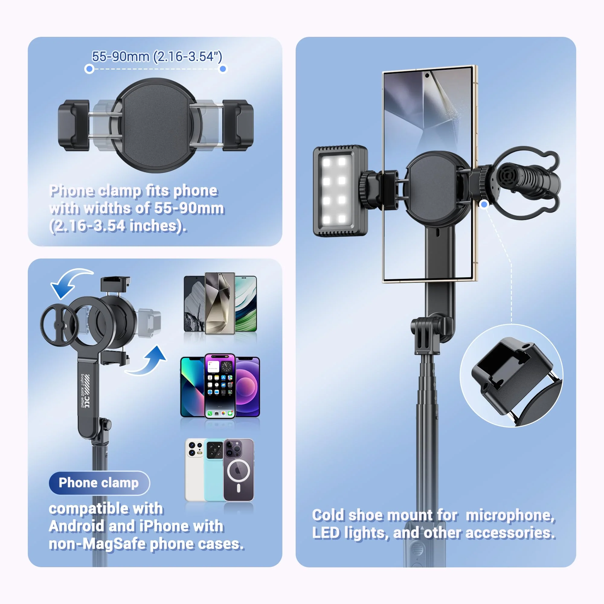 40.9" Magnetic Phone Selfie Stick Tripod, Cell Phone Tripod Stand with Rechargeable Remote & Phone Tripod Mount with 2 Cold Shoe,Portable Phone Tripod for Travel Selfies Live Streaming Video Recording WHITE - Image 4